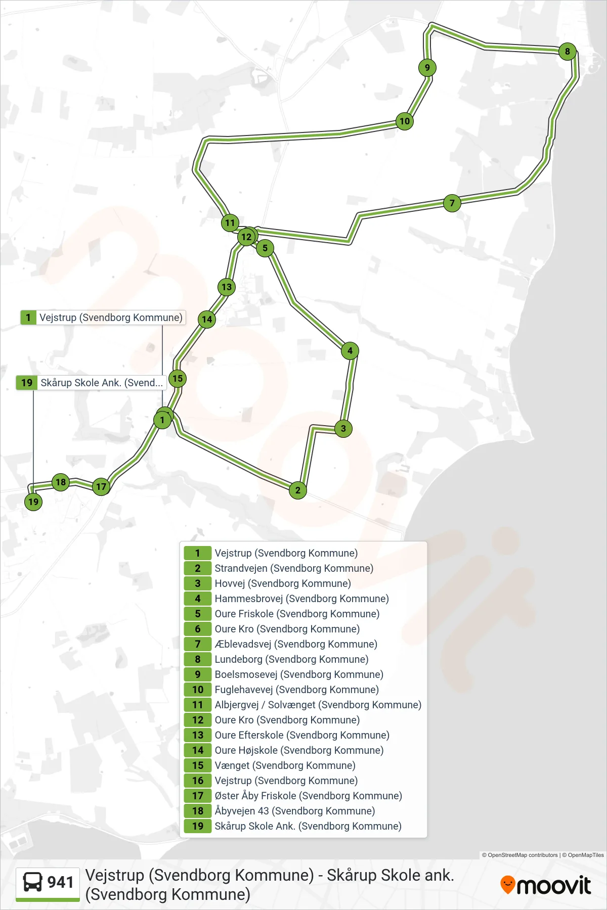 941 bus Linje (Skårup) rute og stop på et kort