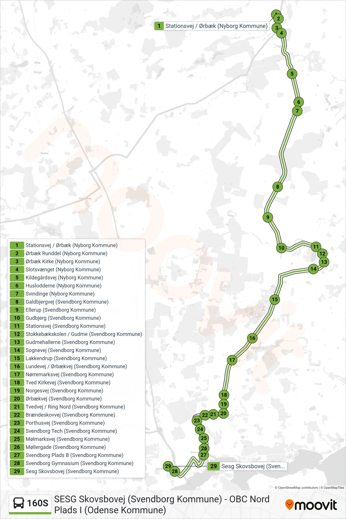 160S bus Linje (Svendborg Vest) rute og stop på et kort