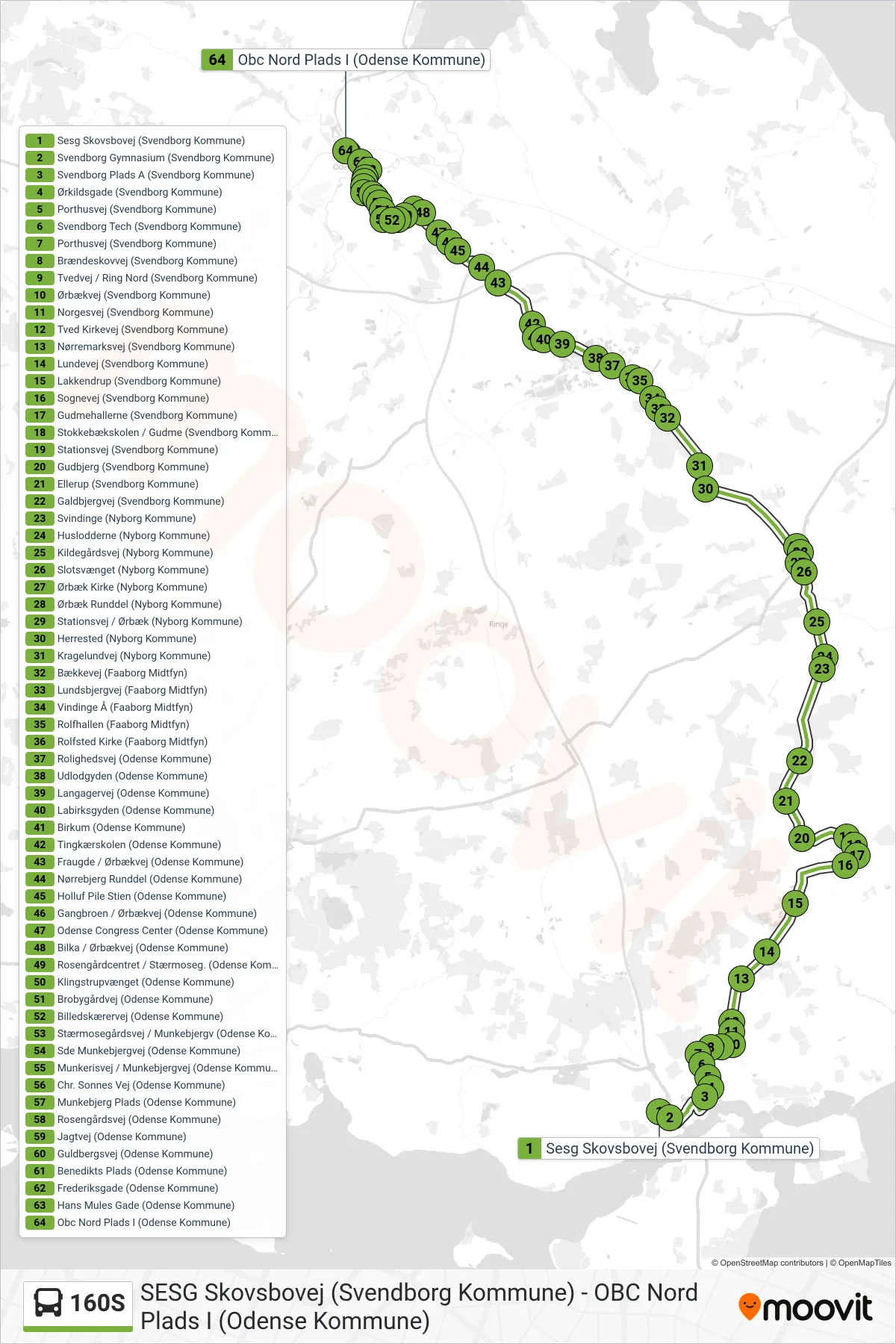 160S bus Linje (Odense) rute og stop på et kort
