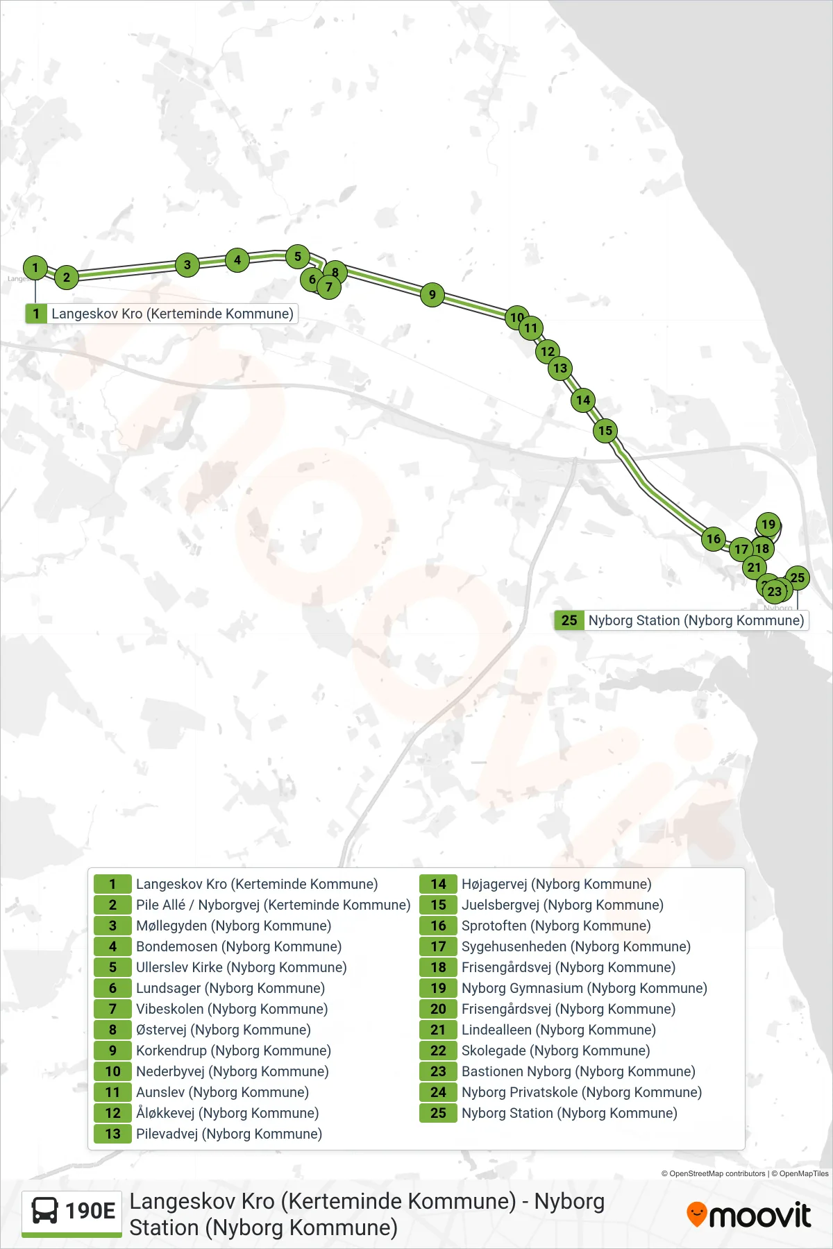 190E bus Linje (Nyborg) rute og stop på et kort