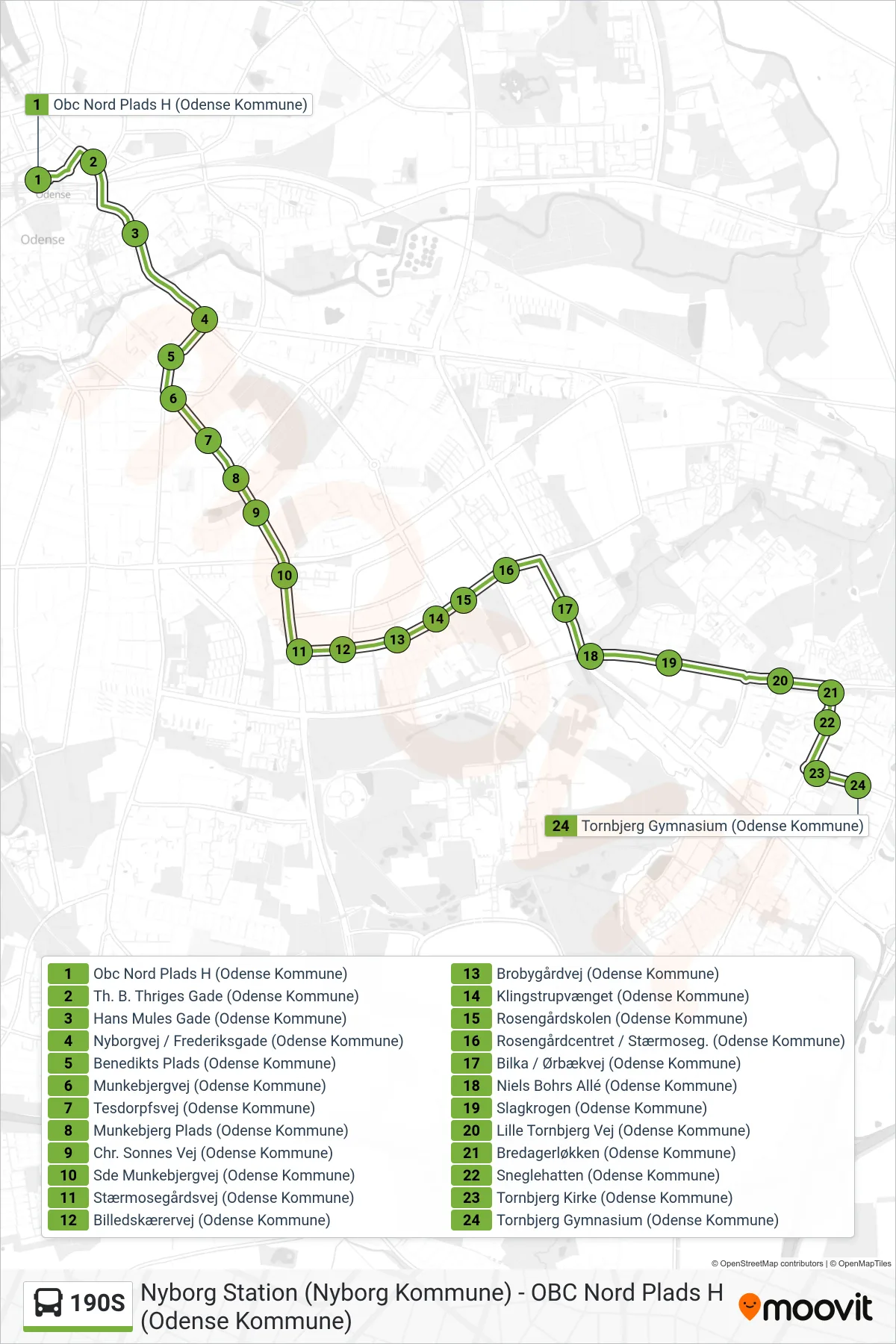 190S bus Linje (Tornbjerg) rute og stop på et kort