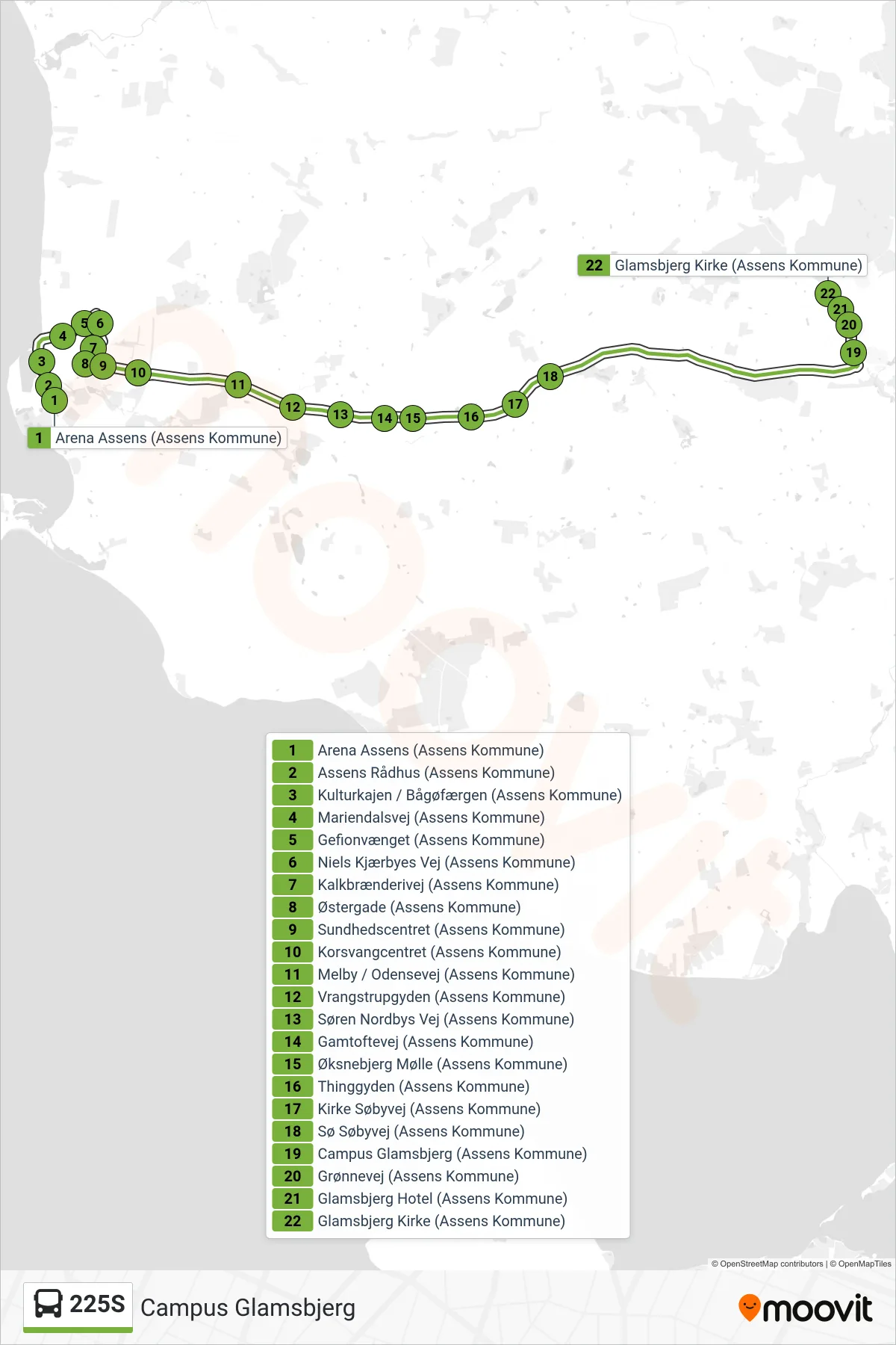 225S bus Linje (Campus Glamsbjerg) rute og stop på et kort