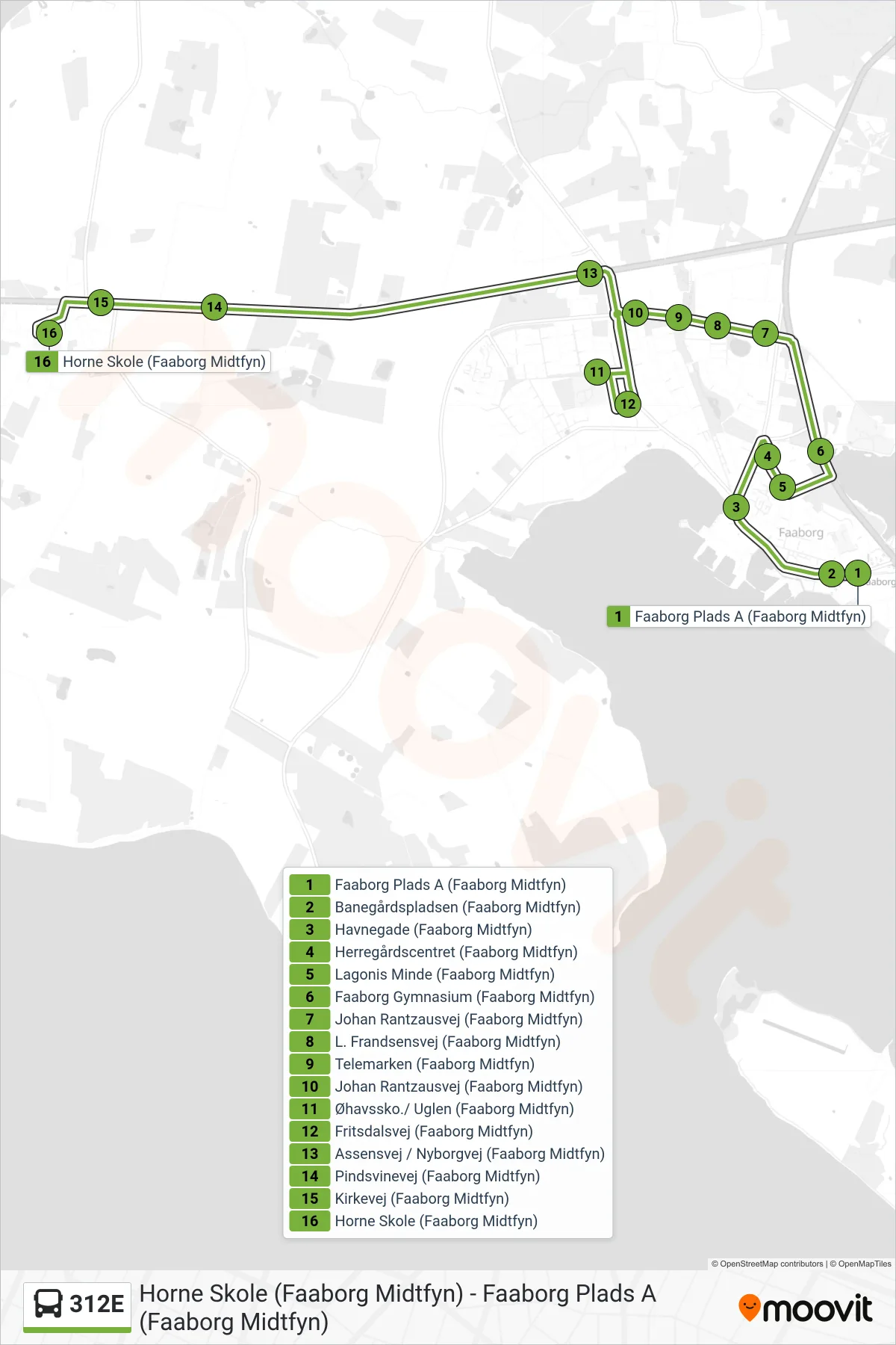 312E bus Linje (Horne Skole) rute og stop på et kort