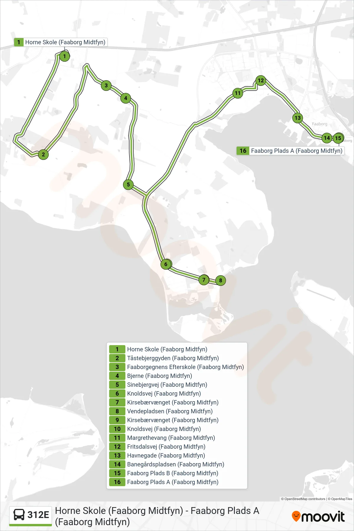 312E bus Linje (Faaborg) rute og stop på et kort