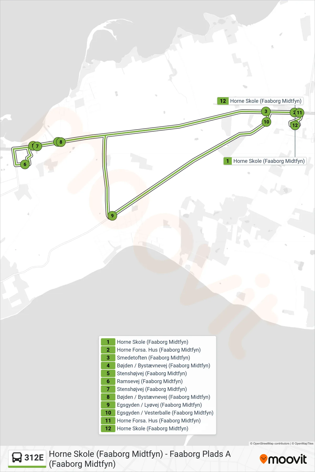 312E bus Linje (Horne Skole) rute og stop på et kort