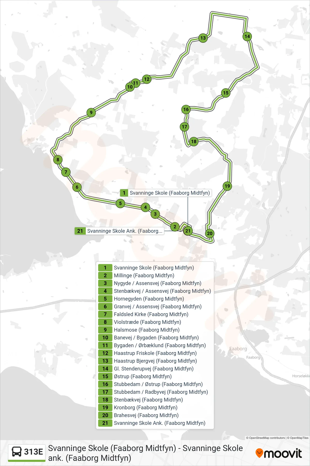 313E bus Linje (Svanninge) rute og stop på et kort