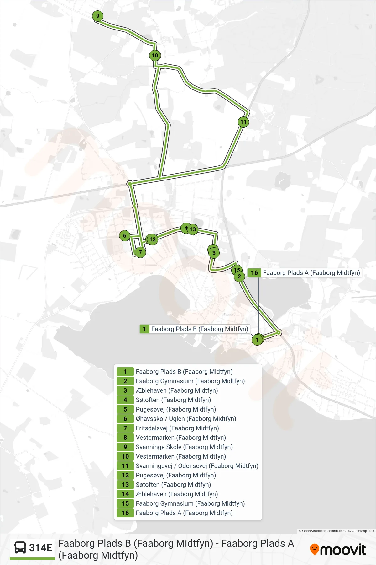 314E bus Linje (Faaborg) rute og stop på et kort