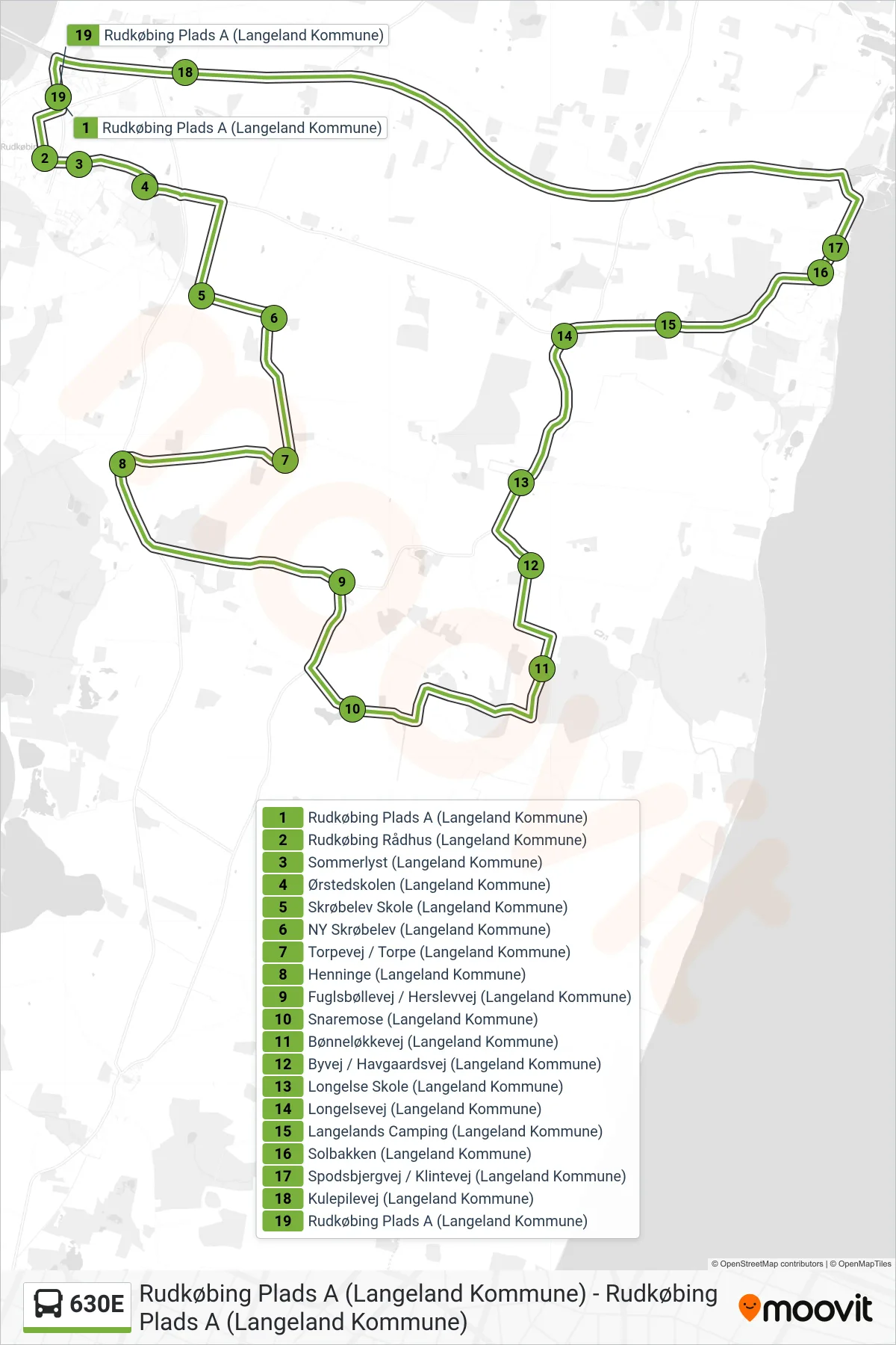 630E bus Linje (Rudkøbing) rute og stop på et kort