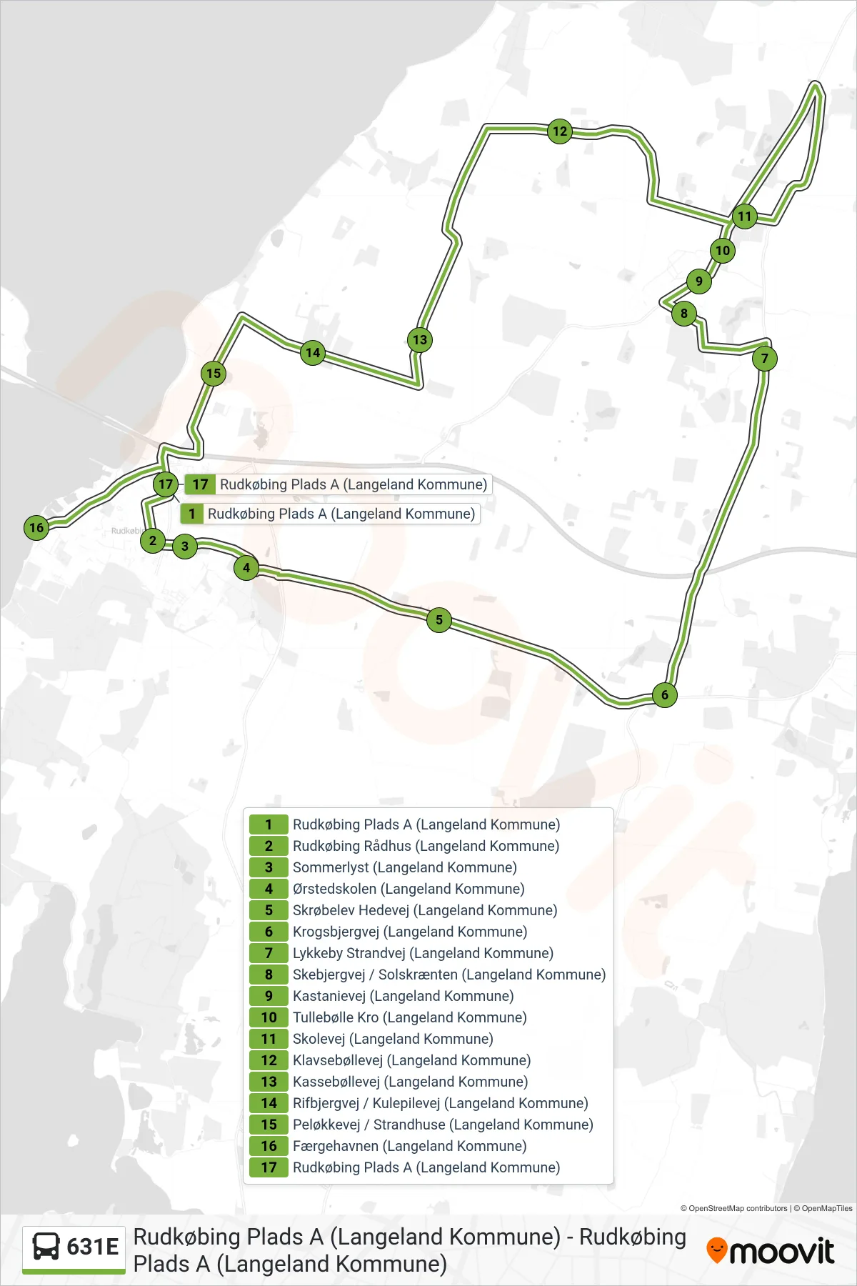 631E bus Linje (Rudkøbing) rute og stop på et kort