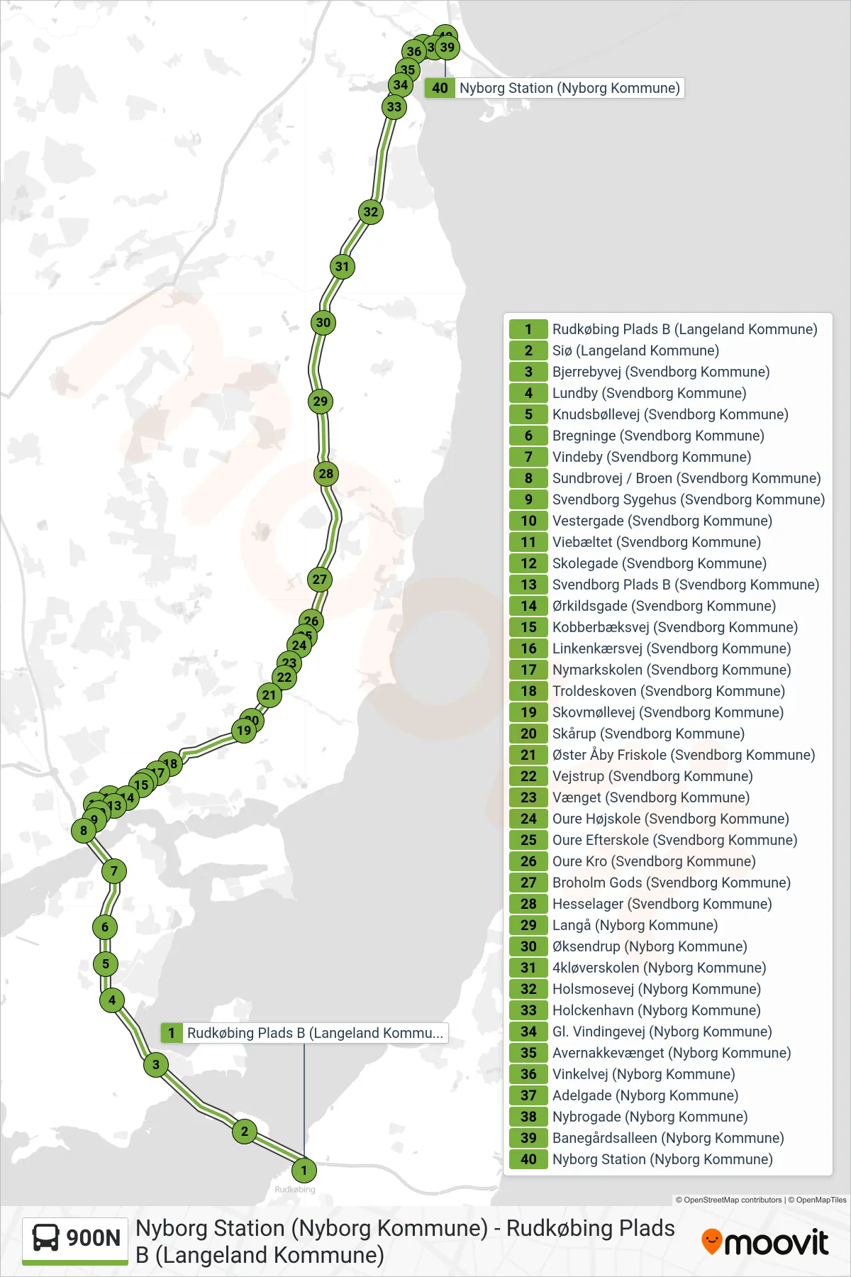 900N bus Linje (Nyborg) rute og stop på et kort