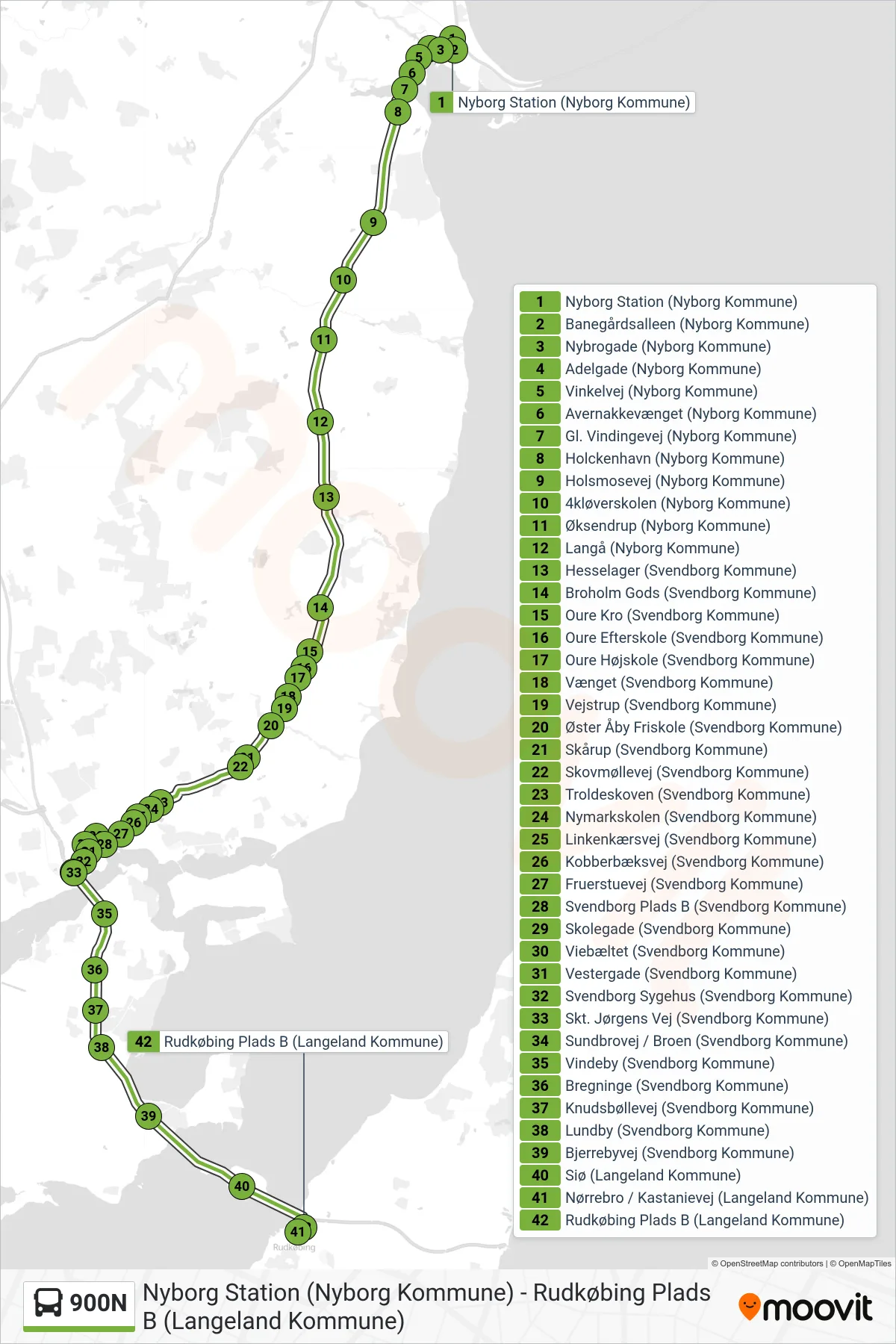 900N bus Line (Rudkøbing) route and stops on a map