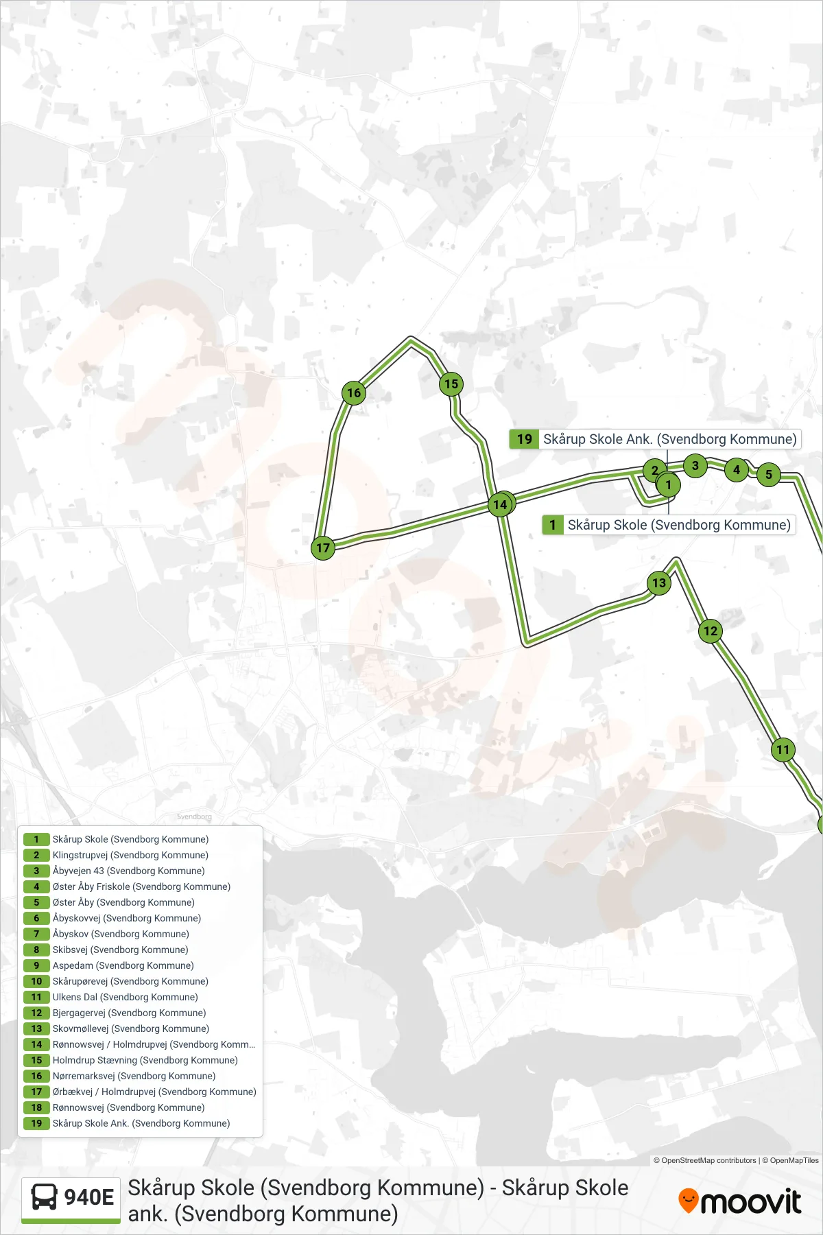 940E bus Linje (Skårup) rute og stop på et kort