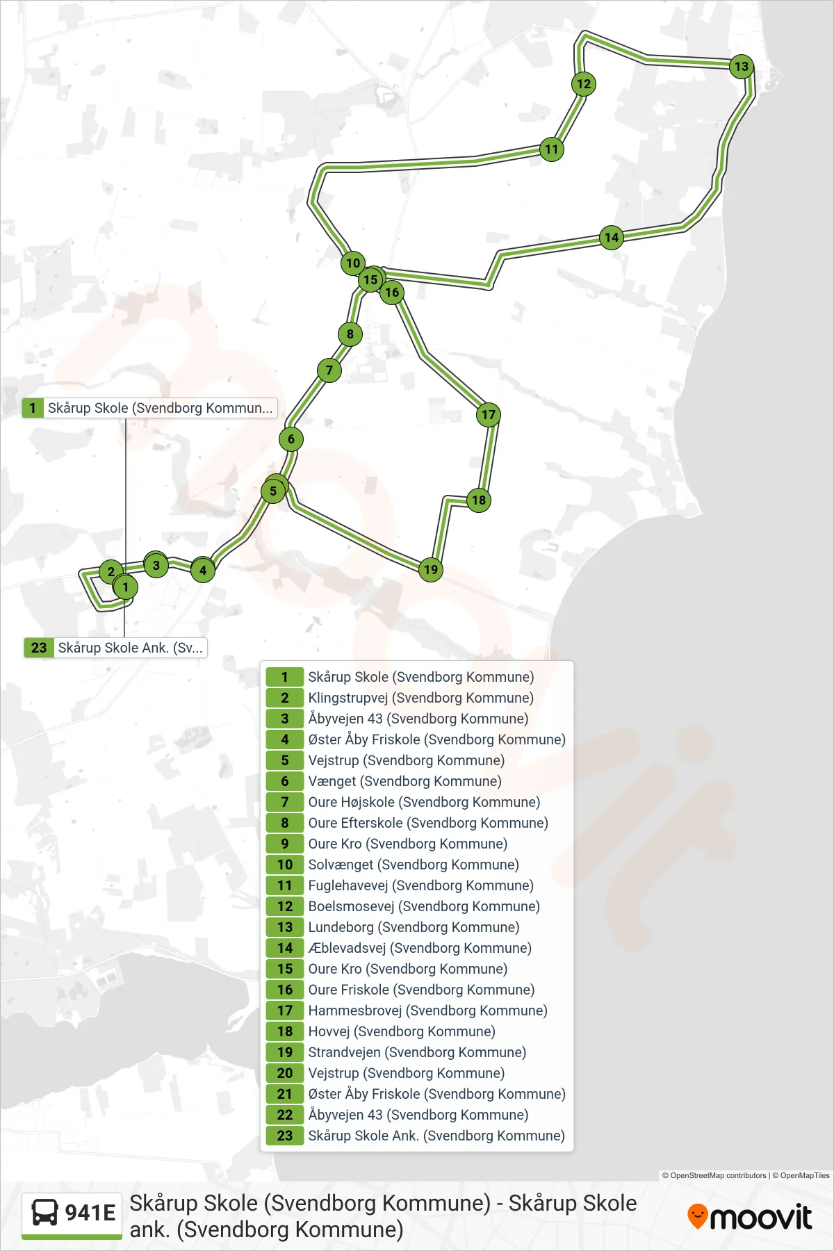 941E bus Linje (Skårup) rute og stop på et kort