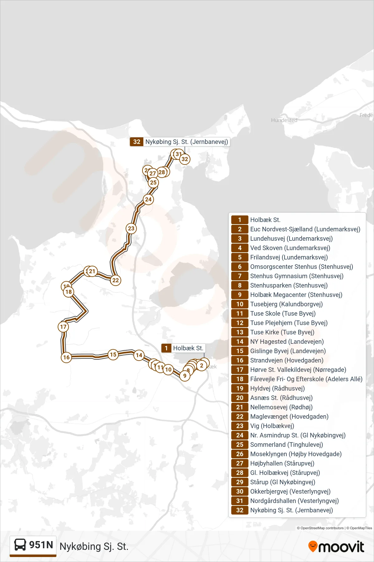 951N bus Linje (Nykøbing Sj. St.) rute og stop på et kort