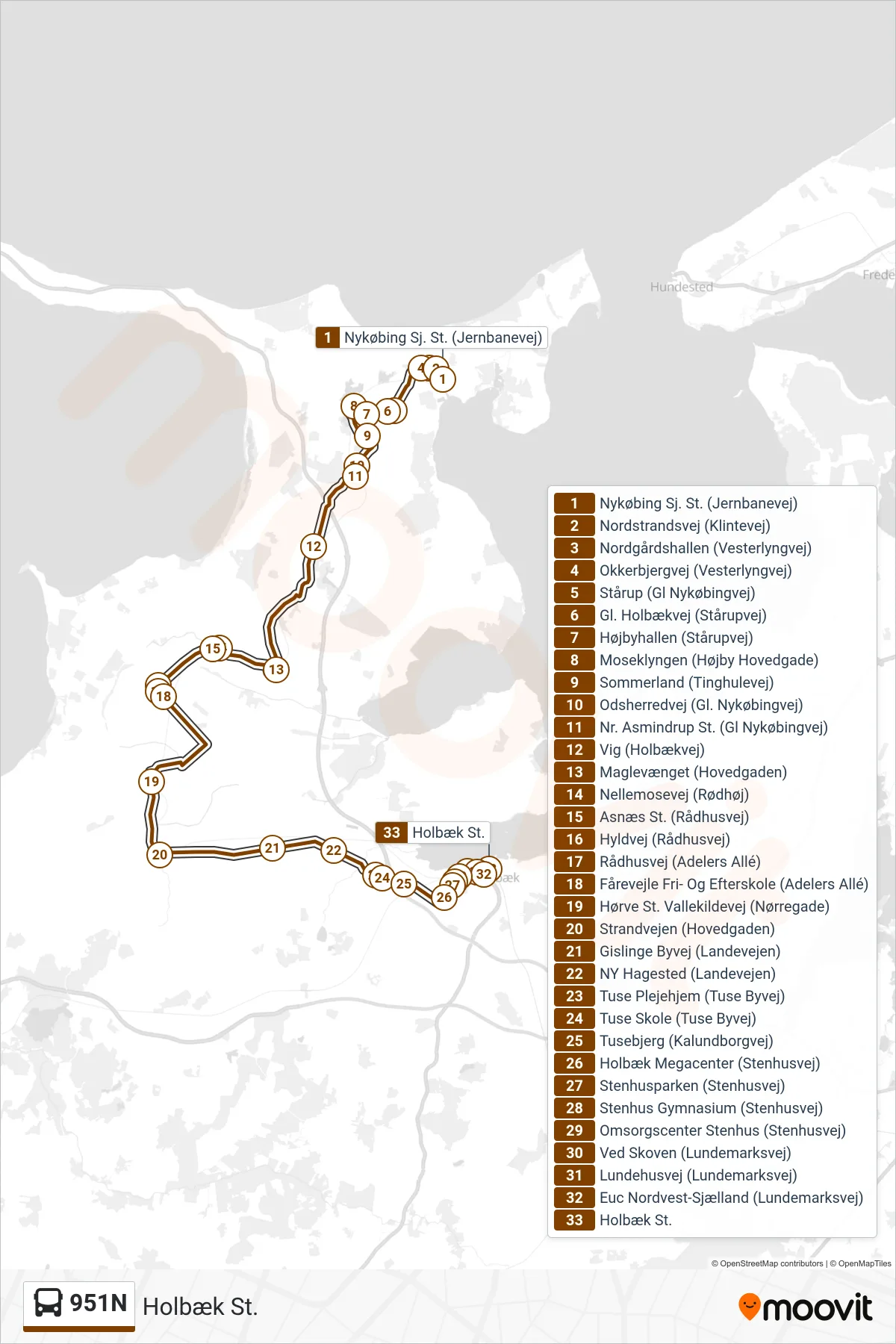 951N bus Linje (Holbæk St.) rute og stop på et kort