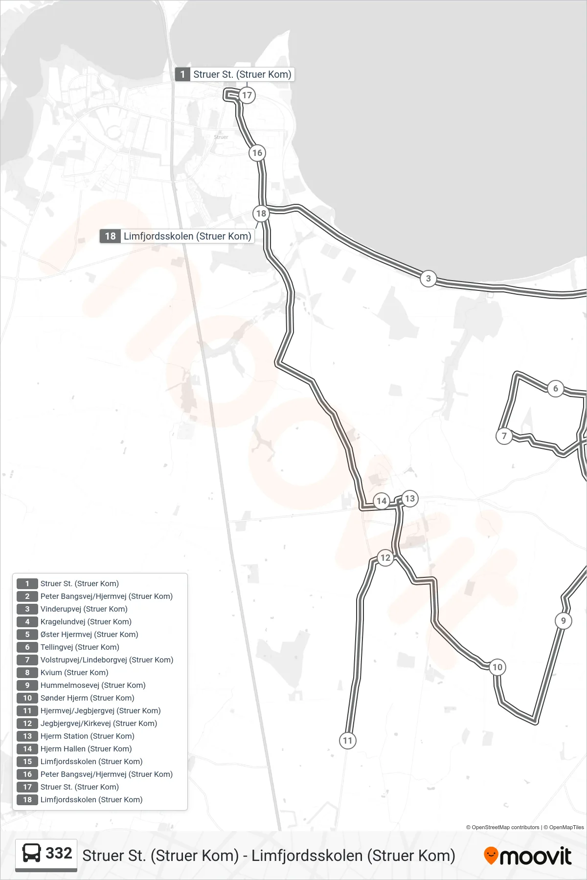 332 bus Linje (Limfjordsskolen (Struer Kom)) rute og stop på et kort