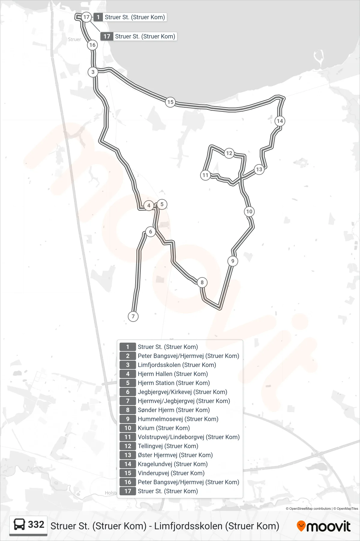 332 bus Linje (Struer St. (Struer Kom)) rute og stop på et kort