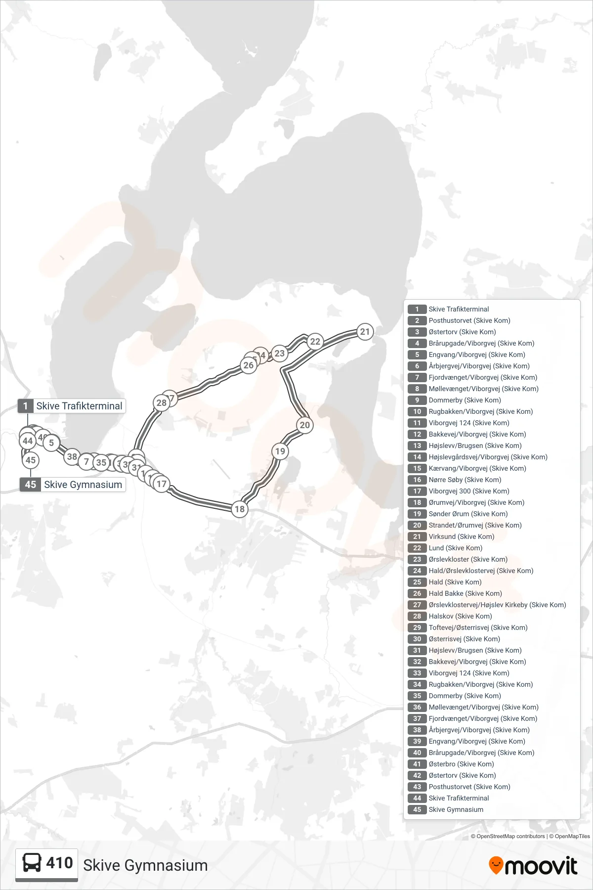 410 bus Linje (Skive Gymnasium) rute og stop på et kort