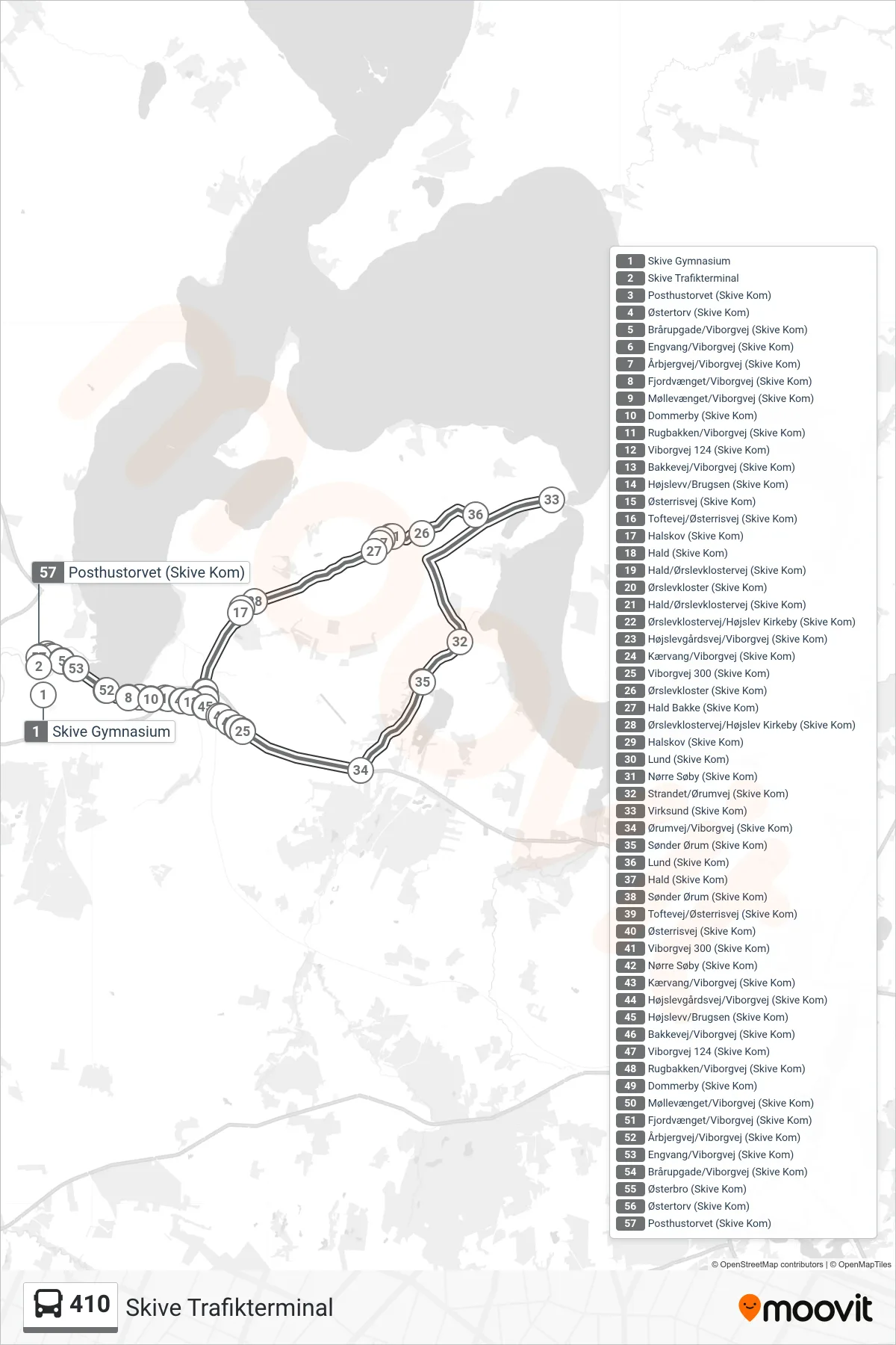 410 bus Linje (Skive Trafikterminal) rute og stop på et kort