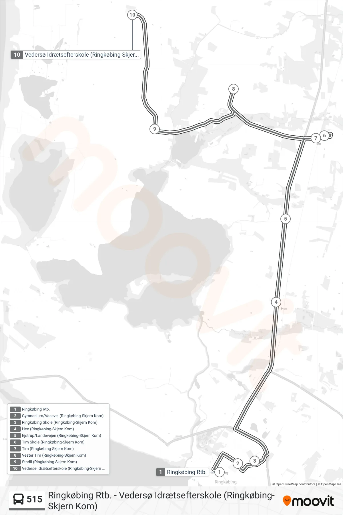 515 bus Linje (Vedersø (Flexbus - Skal Bestilles)) rute og stop på et kort