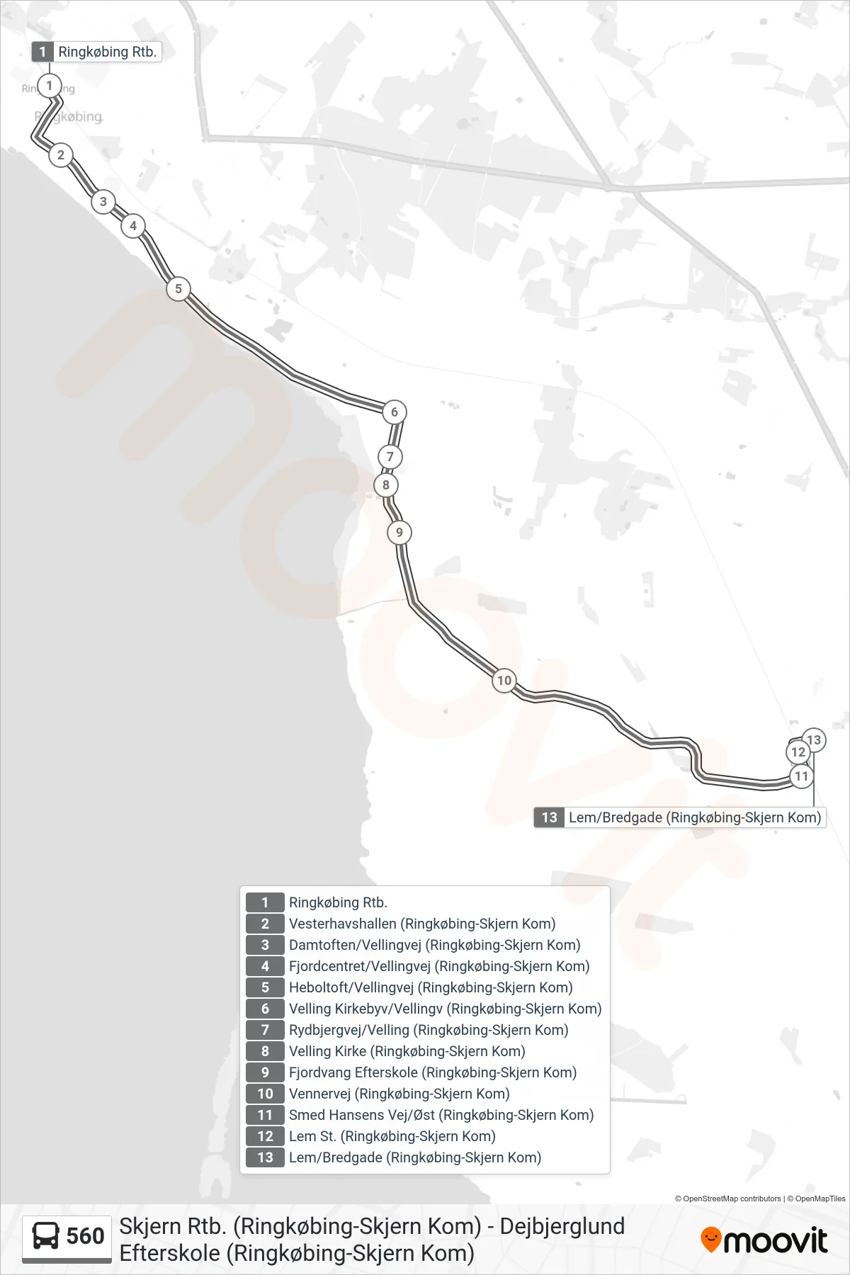 560 bus Linje (Lem (Flexbus - Skal Bestilles)) rute og stop på et kort