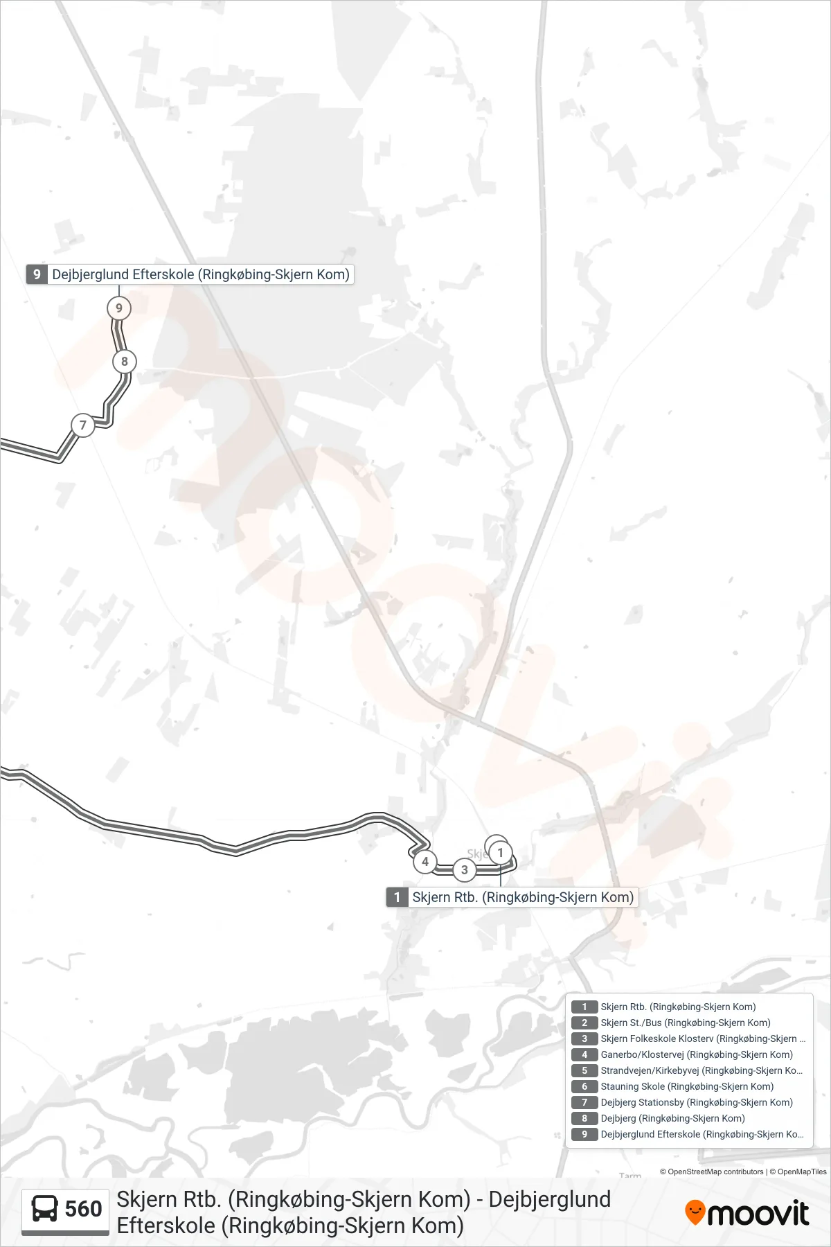 560 bus Linje (Dejbjerg (Flexbus - Skal Bestilles)) rute og stop på et kort