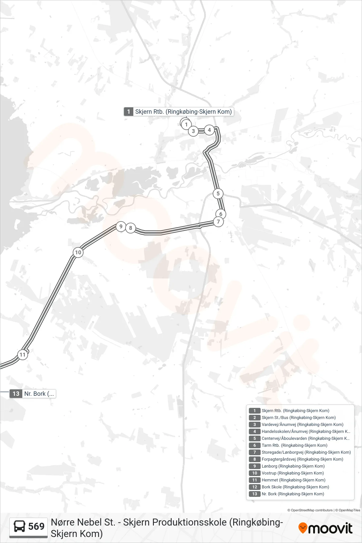 569 bus Linje (Nørre Bork) rute og stop på et kort