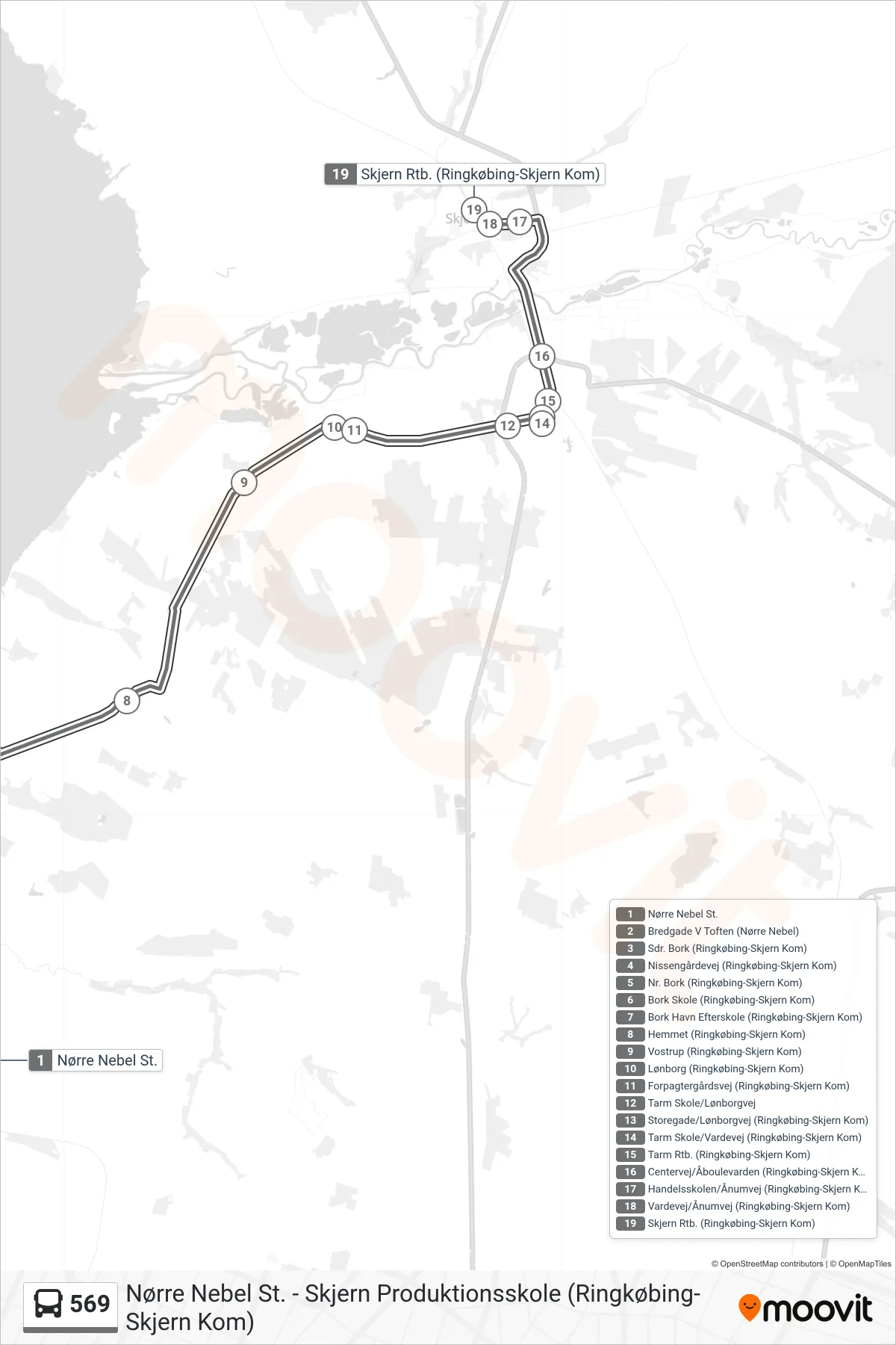 569 bus Line (Skjern Rtb.) route and stops on a map