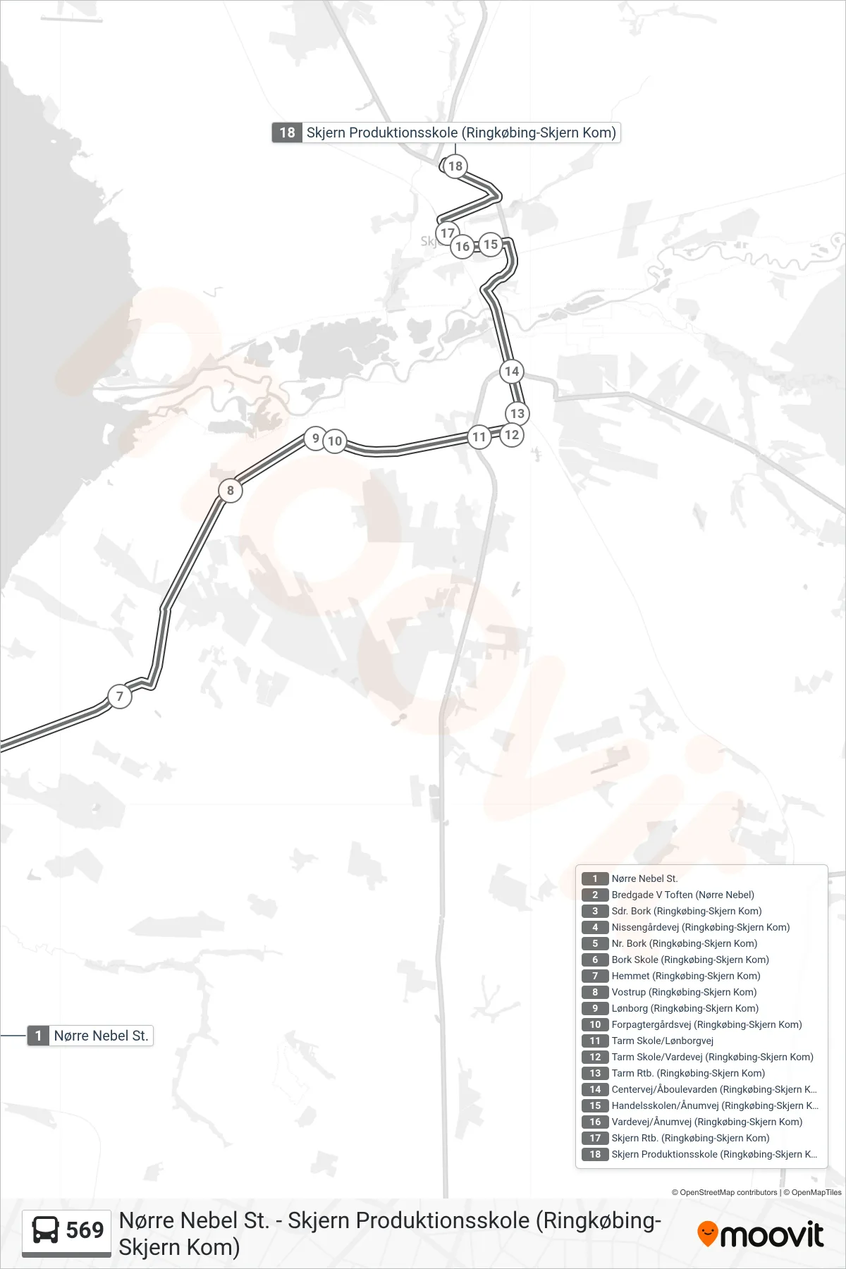 569 bus Linje (Skjern Produktionsskole (Ringkøbing-Skjern Kom)) rute og stop på et kort