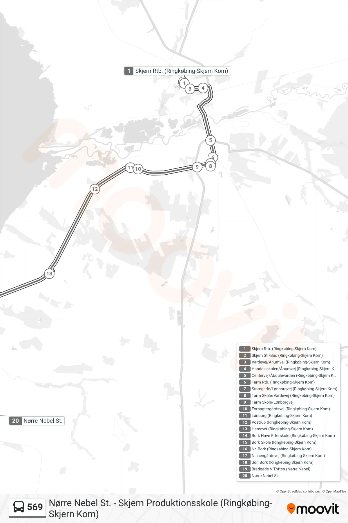 569 bus Linje (Nørre Nebel St.) rute og stop på et kort