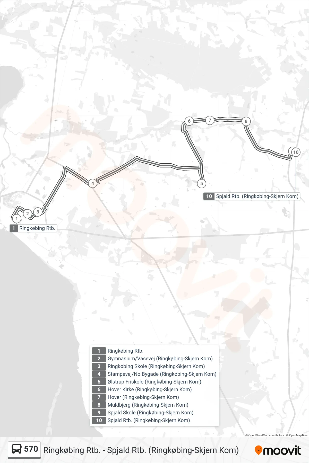 570 bus Linje (Spjald (Flexbus - Skal Bestilles)) rute og stop på et kort