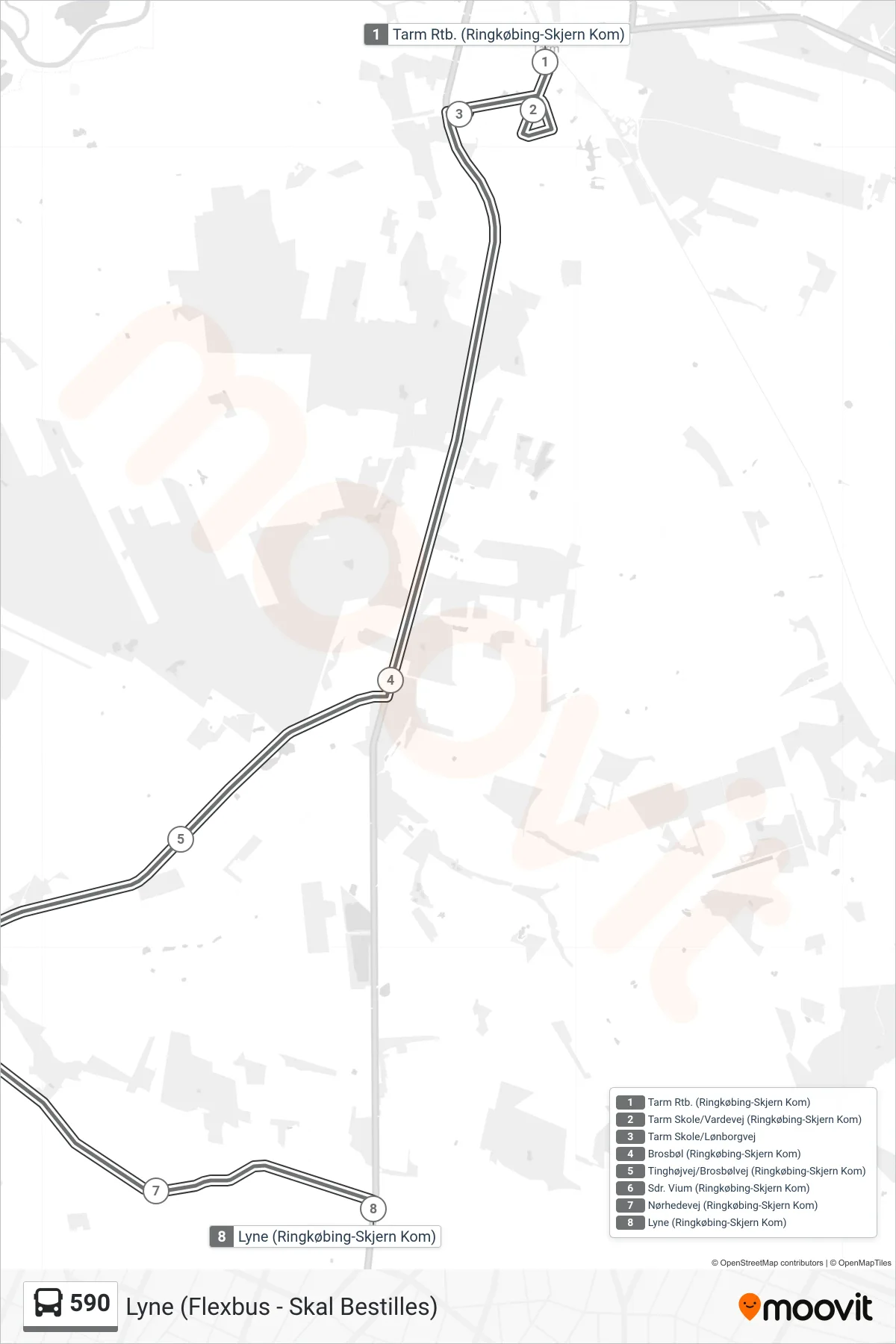 590 bus Linje (Lyne (Flexbus - Skal Bestilles)) rute og stop på et kort