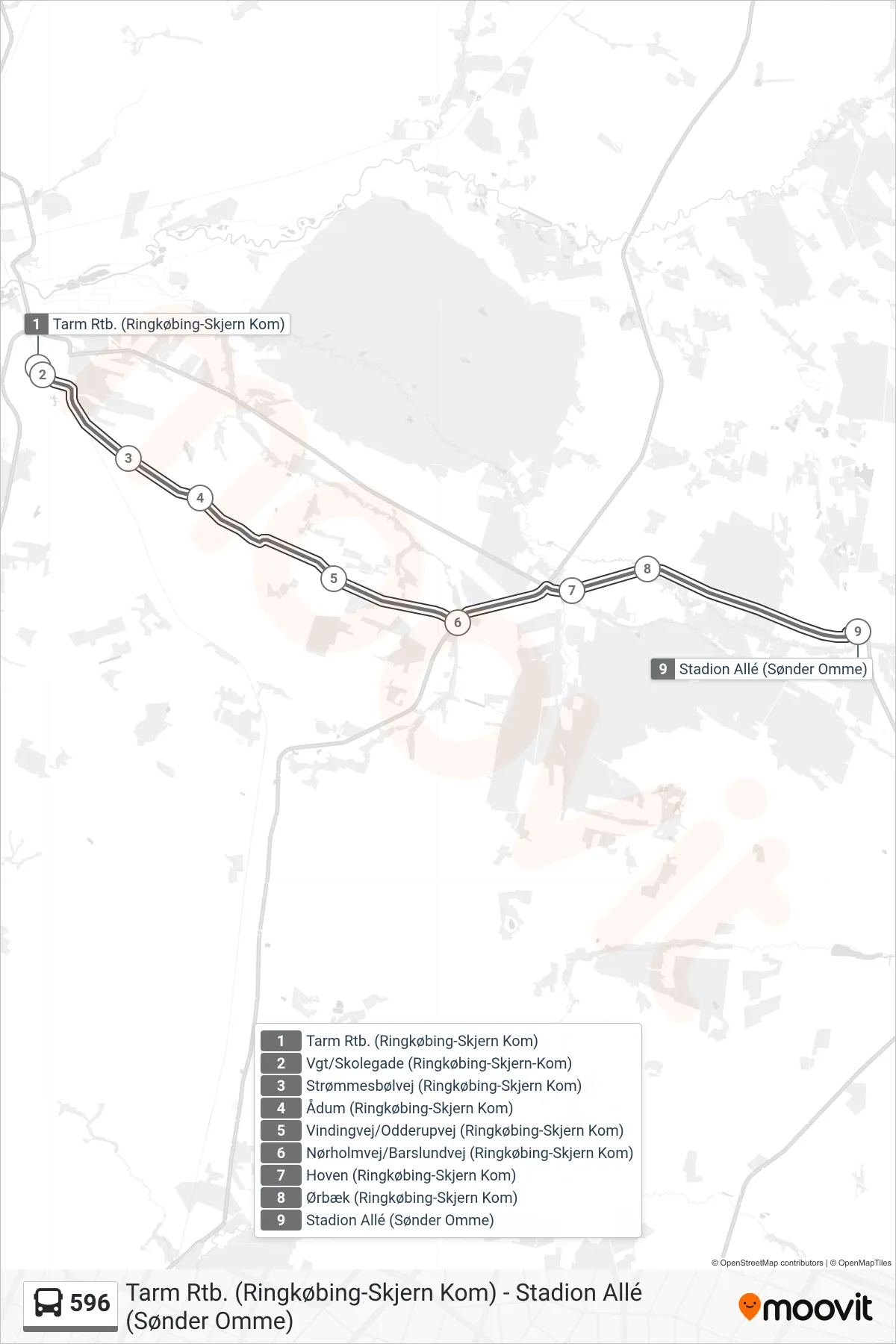 596 bus Linje (Sønder Omme (Flexbus - Skal Bestilles)) rute og stop på et kort