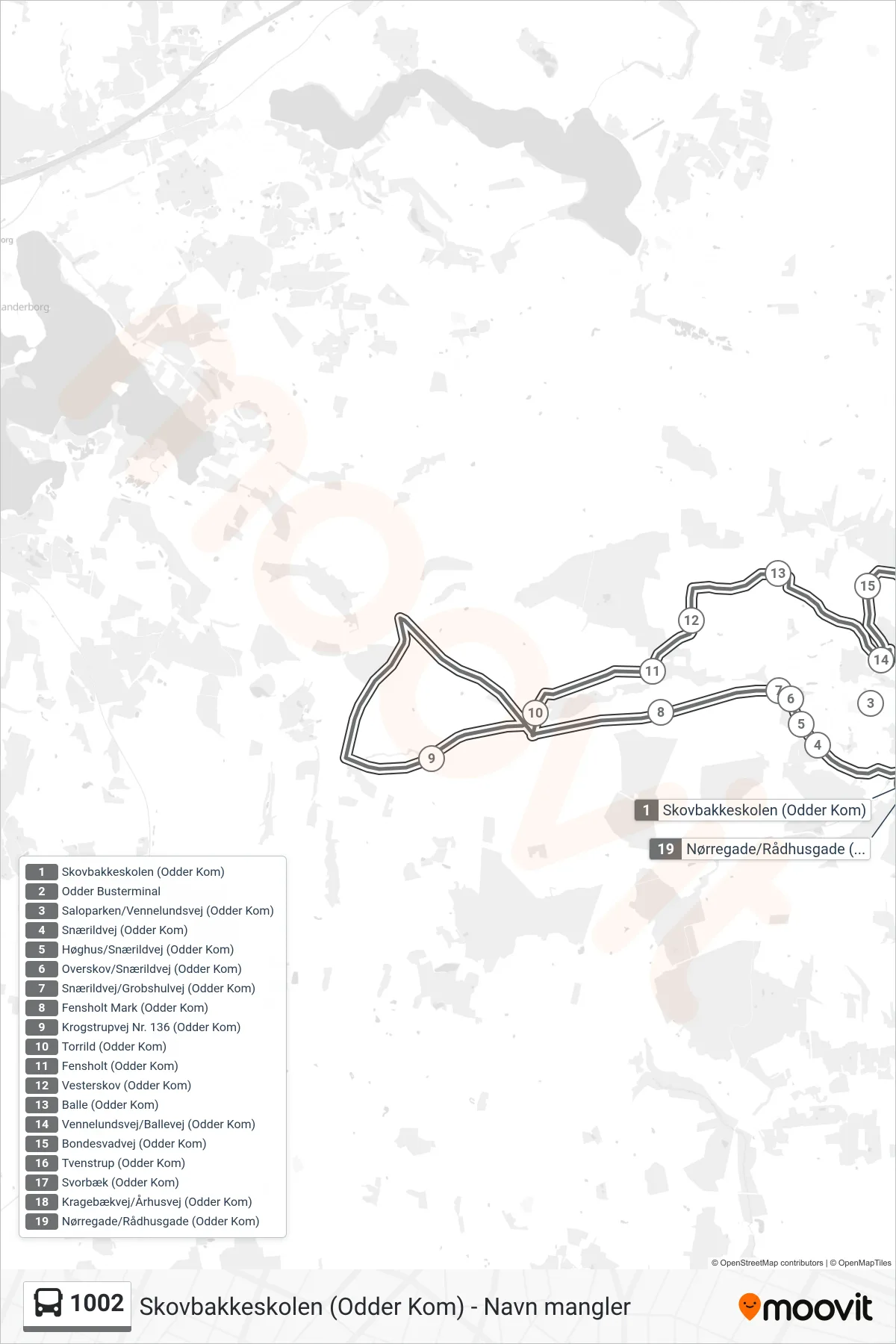 1002 bus Linje (Odder Busterminal) rute og stop på et kort