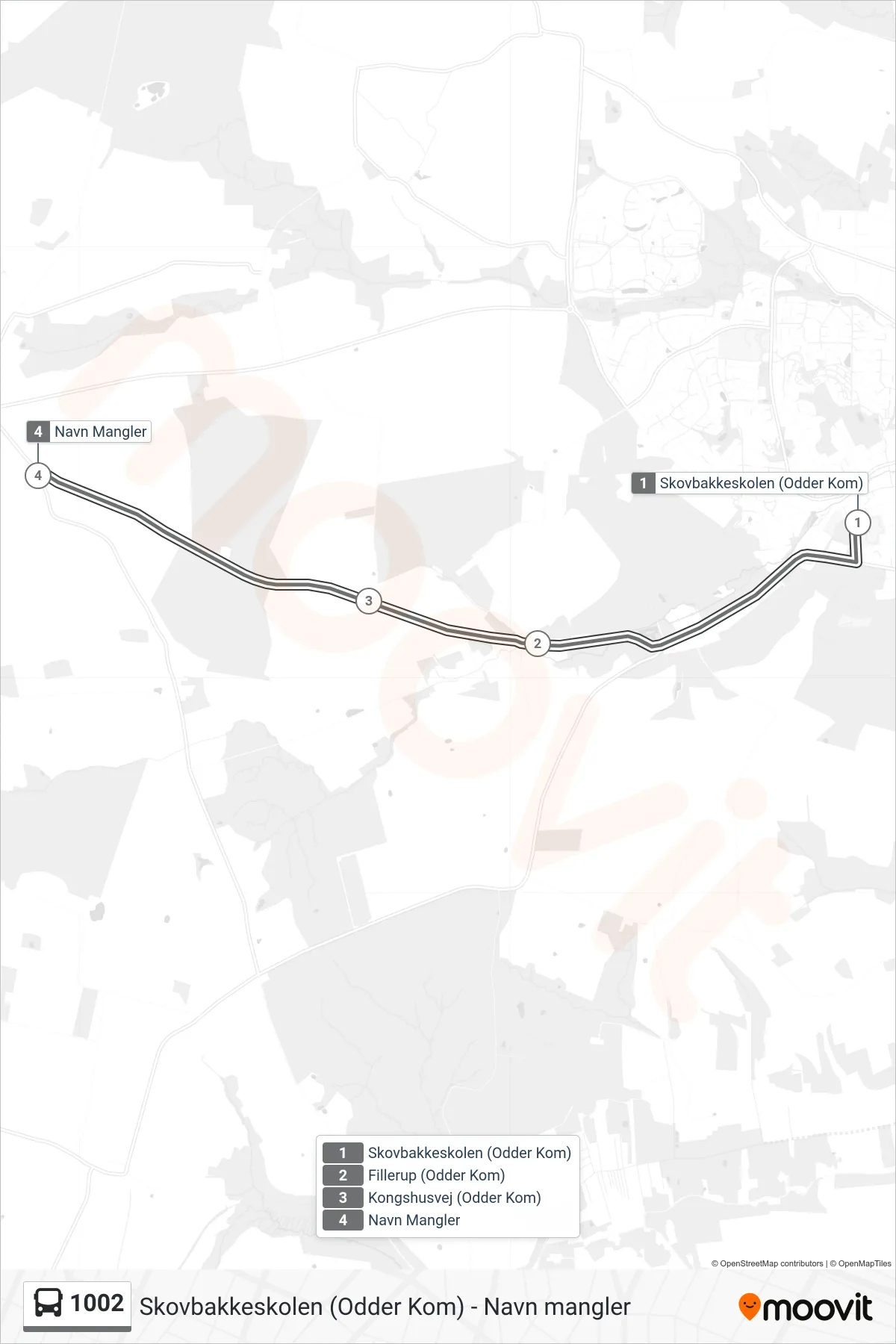 1002 bus Linje (Petersholmvej) rute og stop på et kort