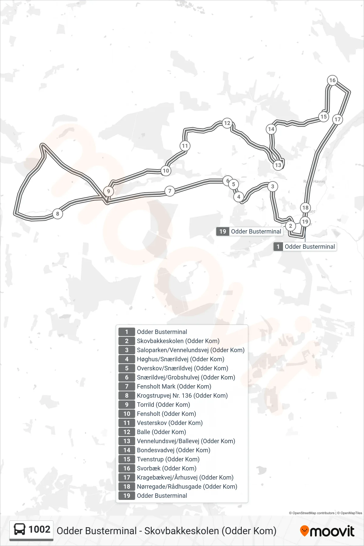1002 bus Linje (Odder Busterminal) rute og stop på et kort