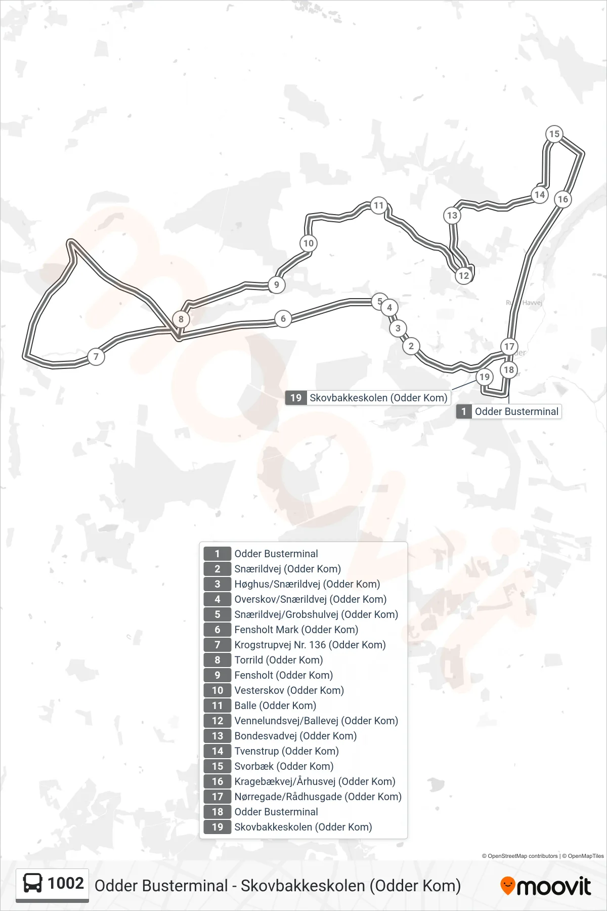 1002 bus Linje (Skovbakkeskolen (Odder Kom)) rute og stop på et kort
