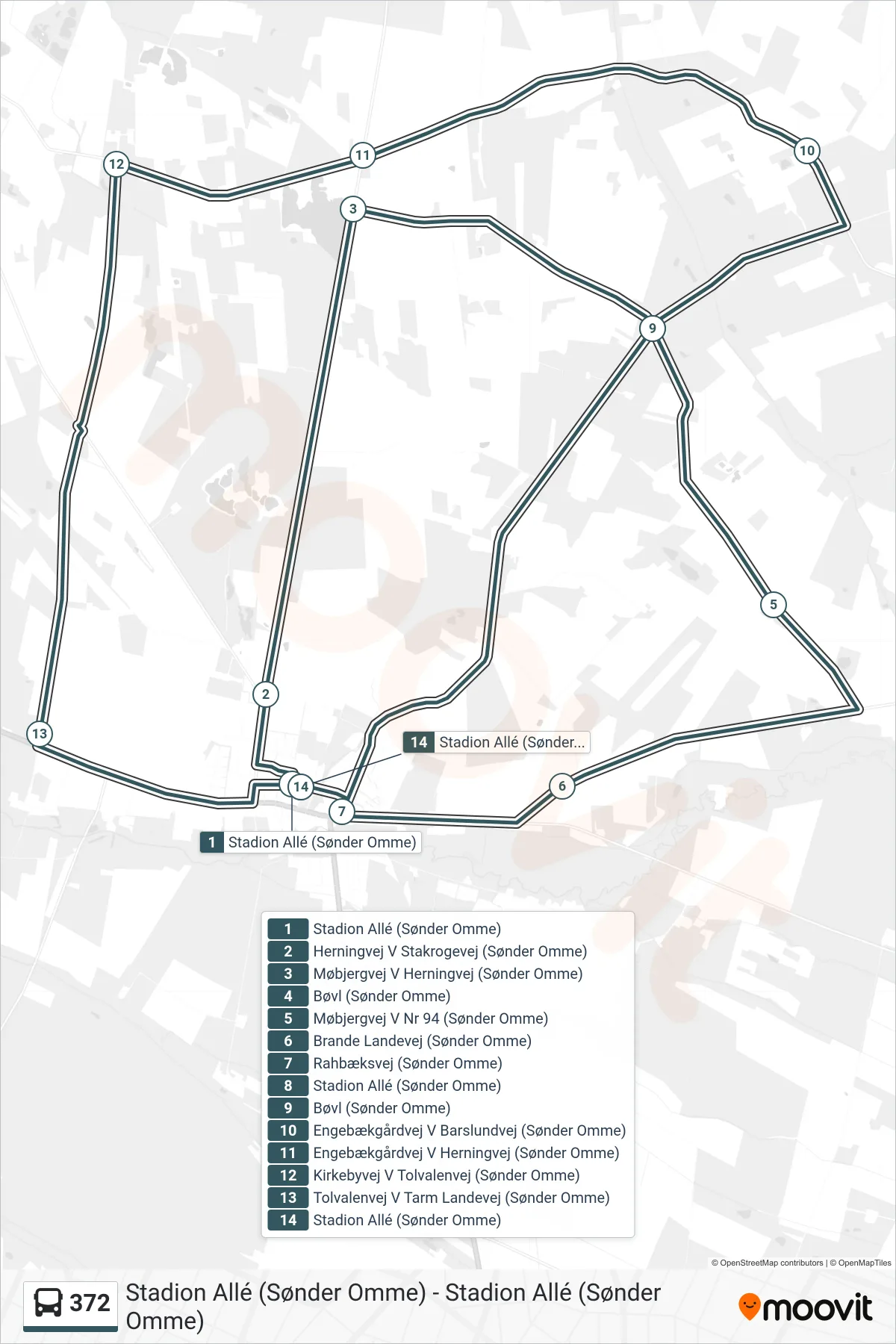 372 bus Linje (Stadion Allé (Sønder Omme)) rute og stop på et kort
