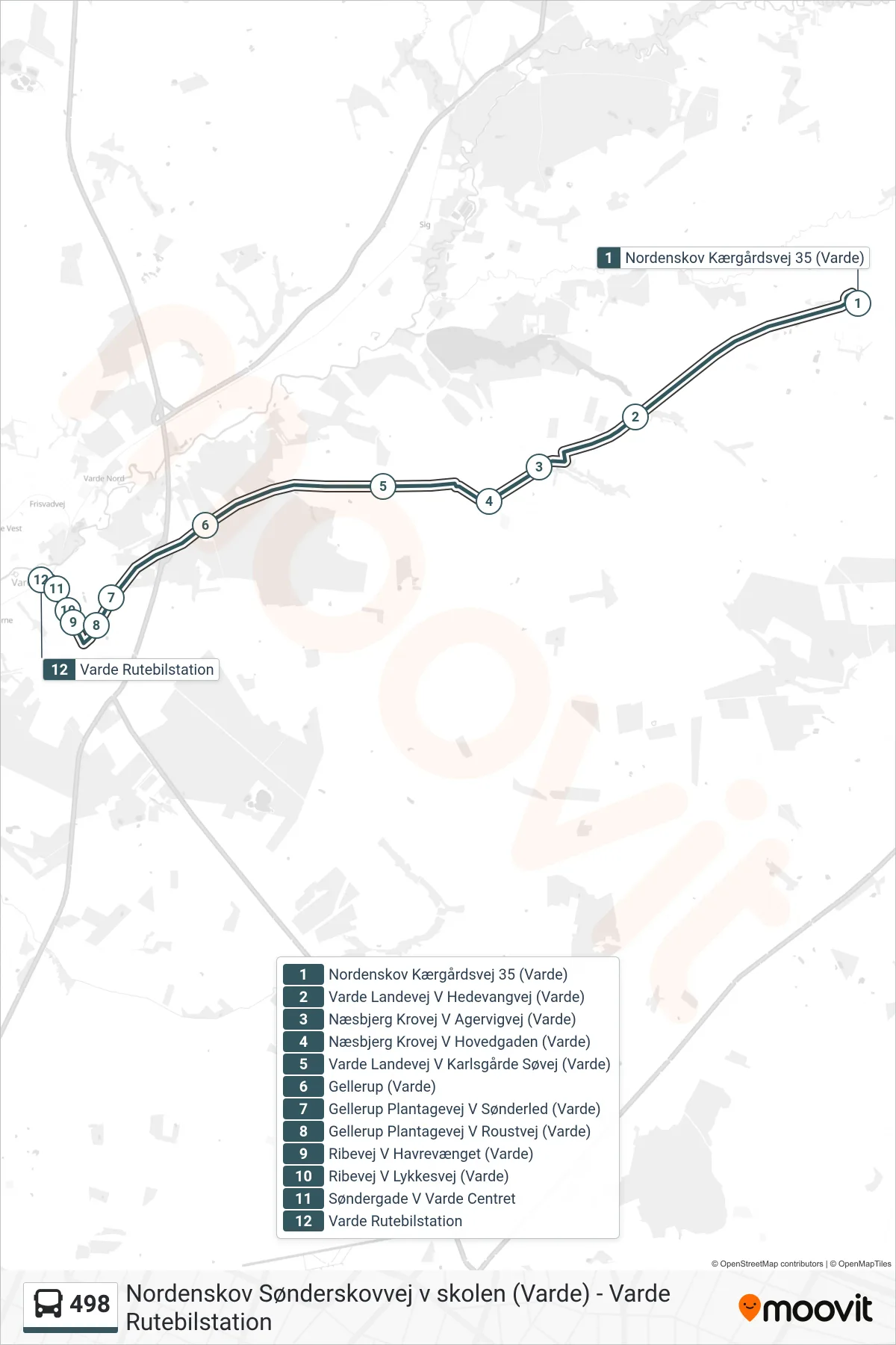 498 bus Linje (Varde) rute og stop på et kort