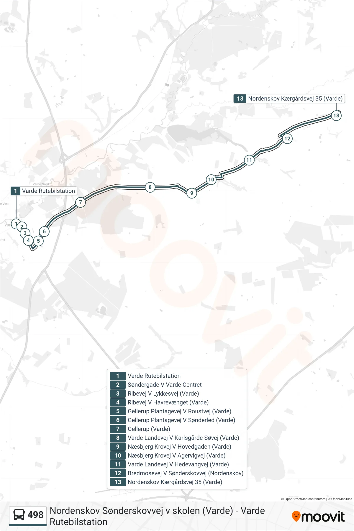 498 bus Line (Nordenskov) route and stops on a map
