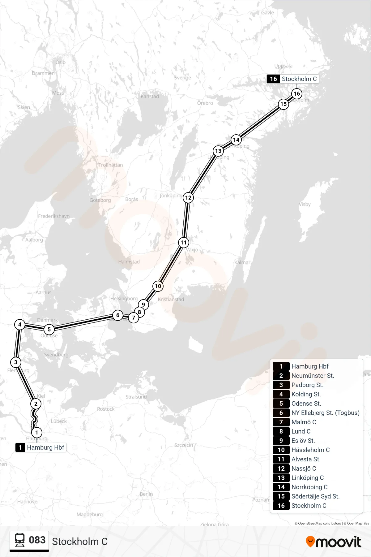 083 jernbane Linje (Stockholm C) rute og stop på et kort
