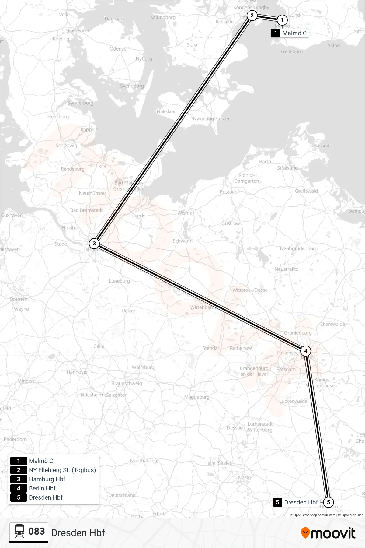 083 jernbane Linje (Dresden Hbf) rute og stop på et kort