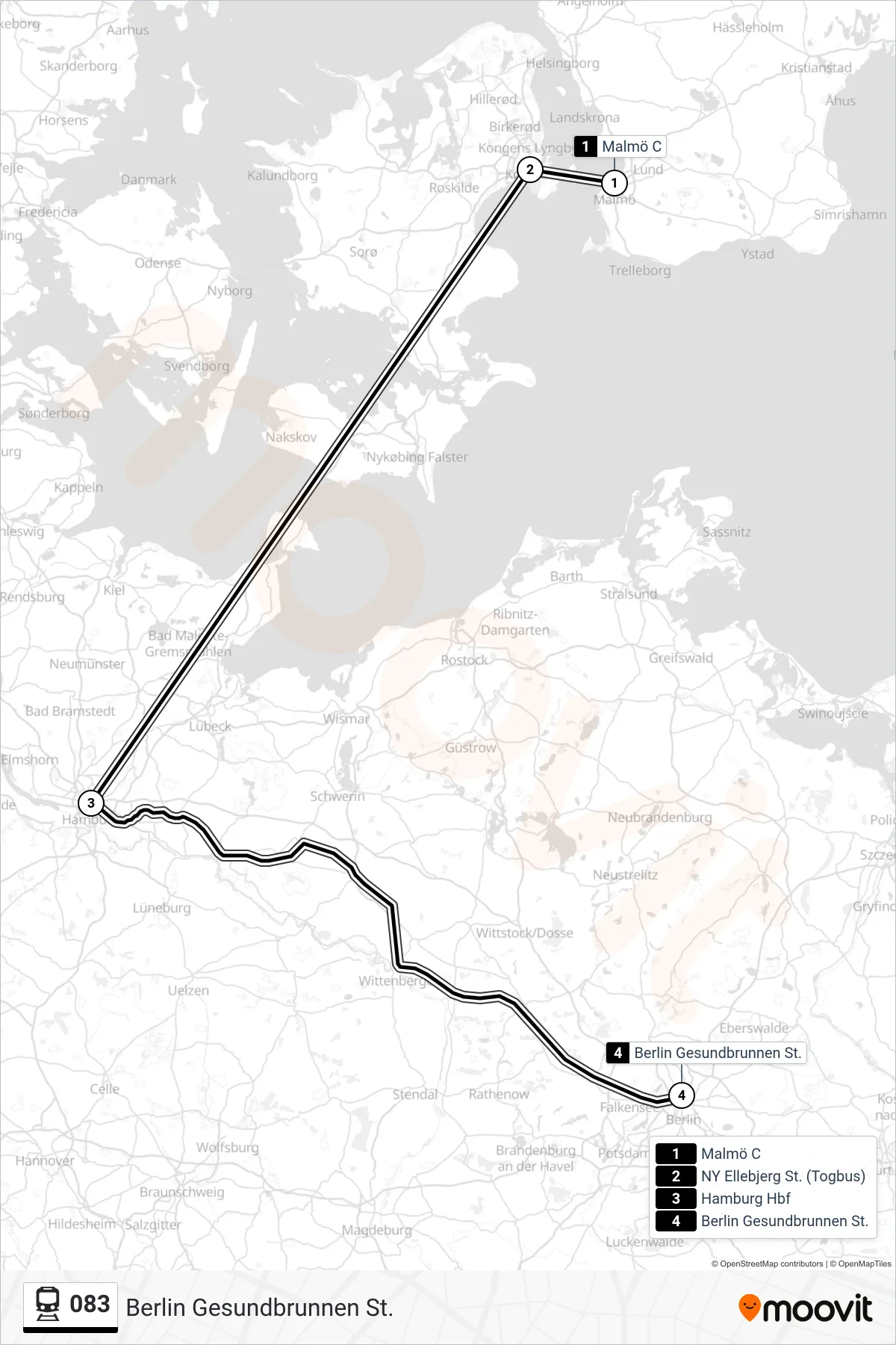083 jernbane Linje (Berlin Gesundbrunnen St.) rute og stop på et kort