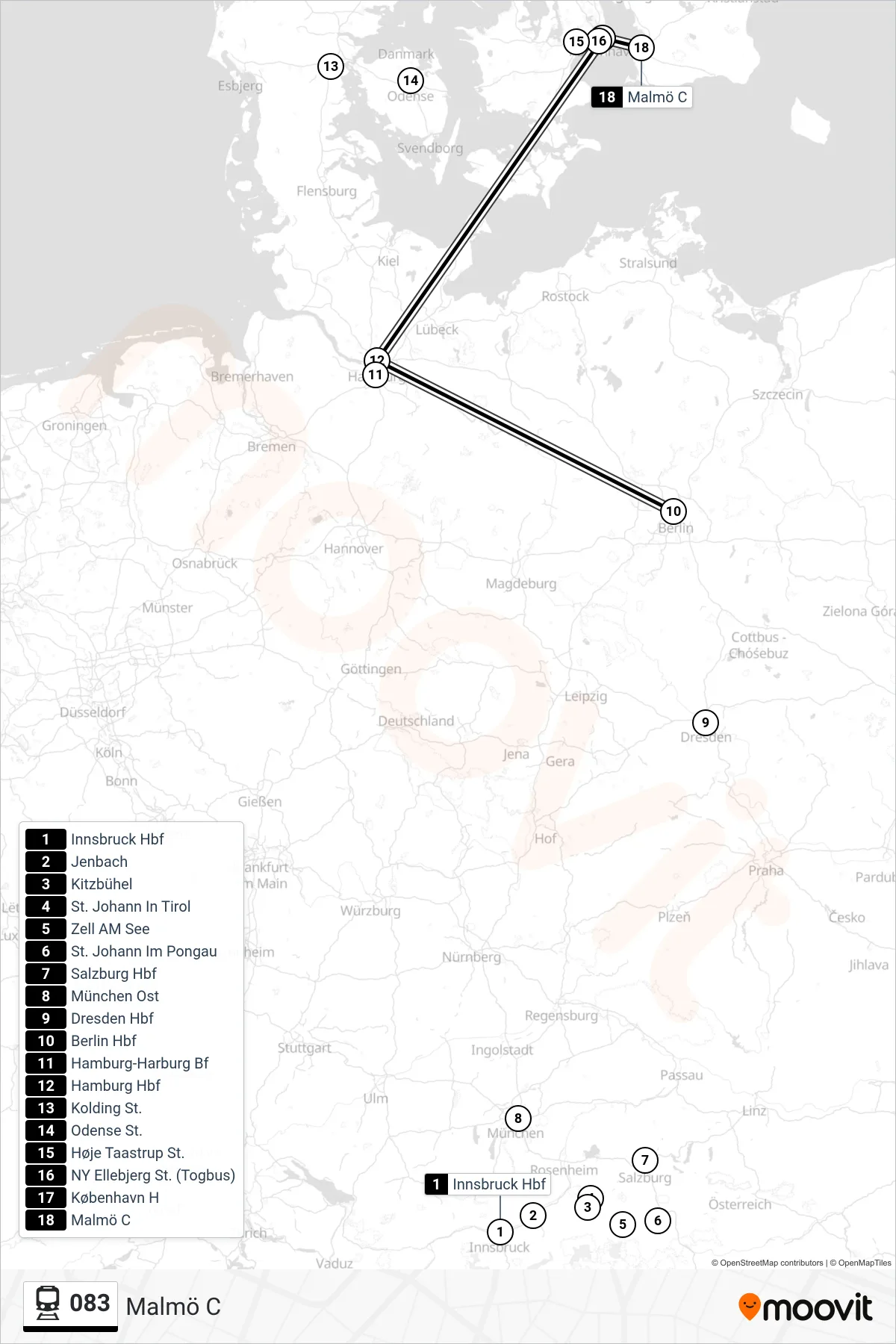 083 jernbane Linje (Malmö C) rute og stop på et kort