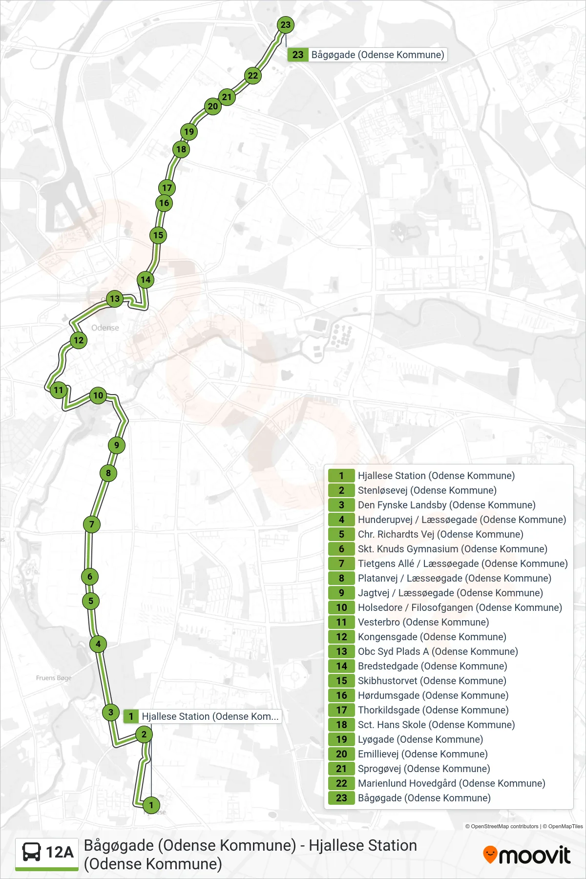 12A bus Linje (Skibhusene) rute og stop på et kort
