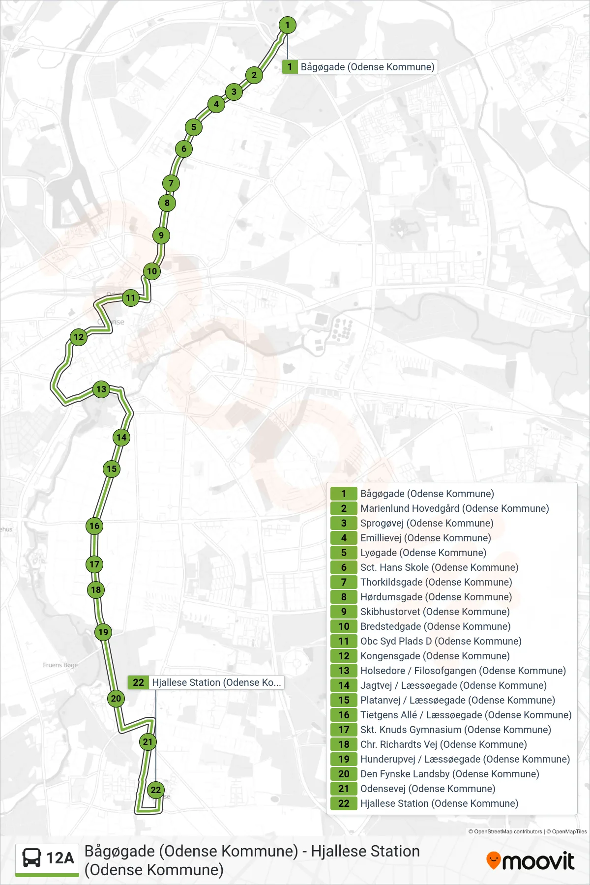 12A bus Linje (Hjallese Station) rute og stop på et kort