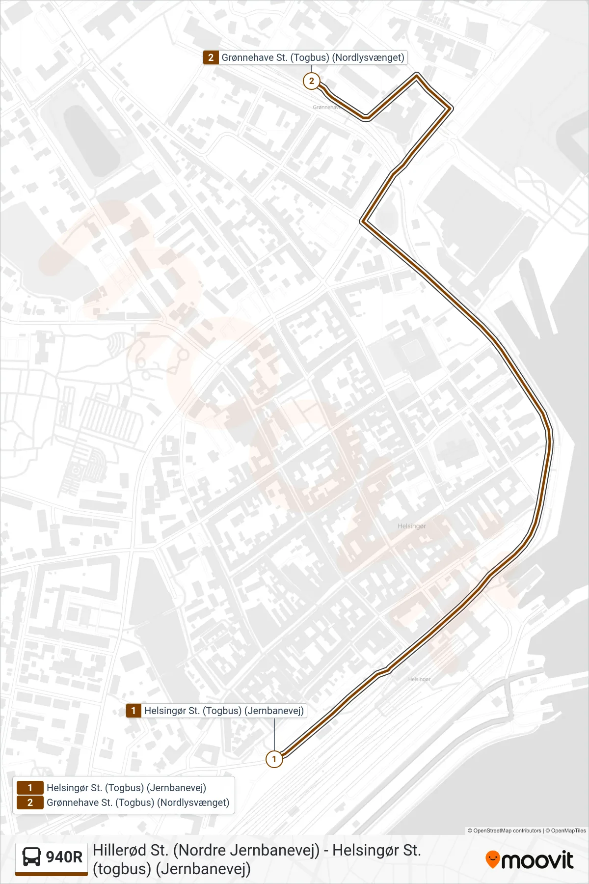 940R bus Linje (Grønnehave St. (Togbus)) rute og stop på et kort