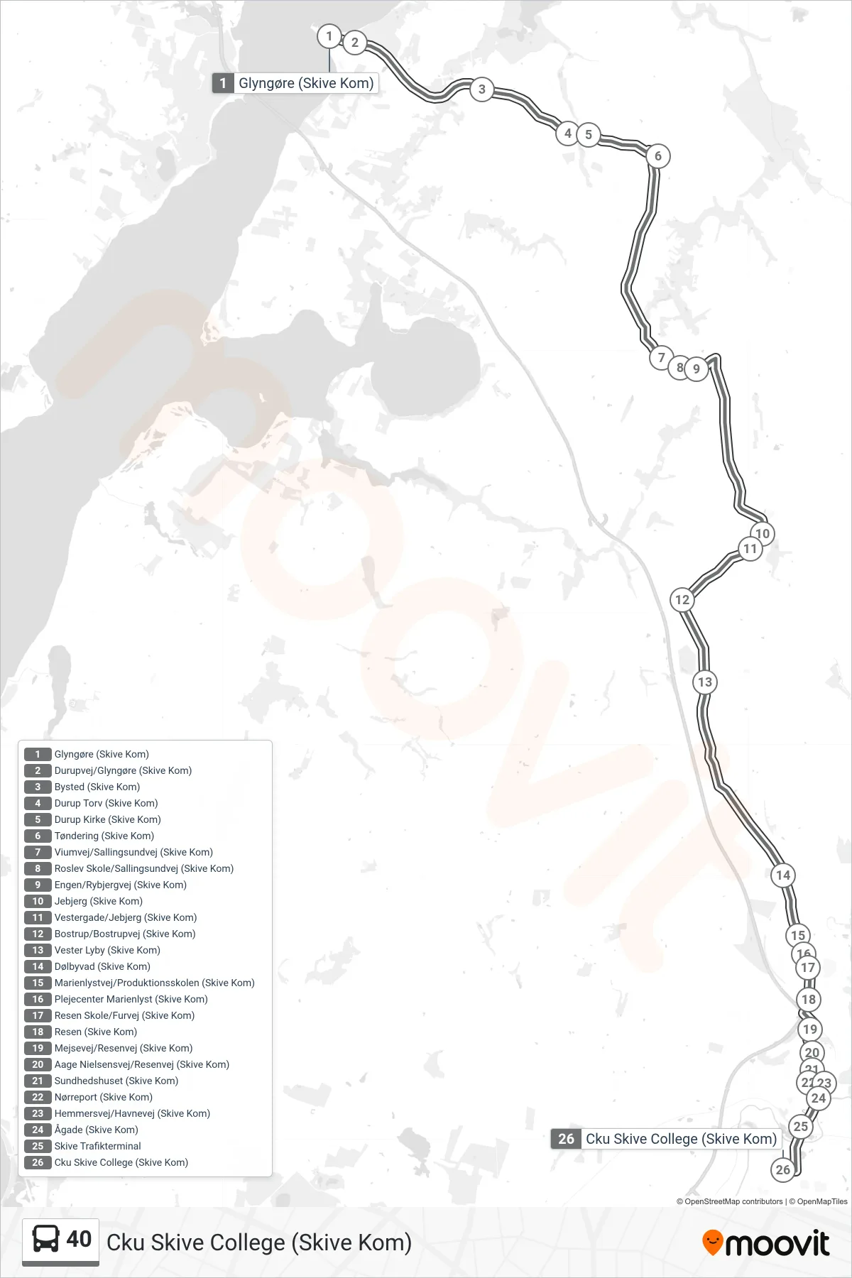 40 bus Linje (Cku Skive College (Skive Kom)) rute og stop på et kort