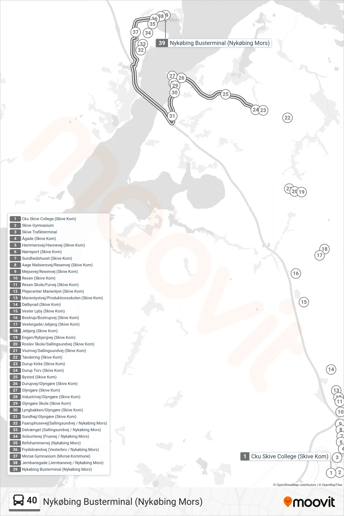 40 bus Linje (Nykøbing Busterminal (Nykøbing Mors)) rute og stop på et kort