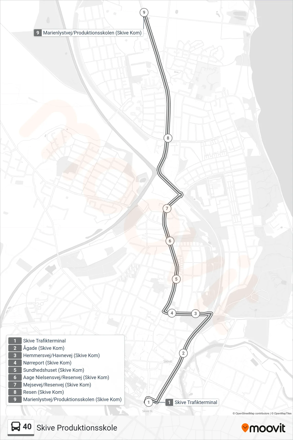 40 bus Linje (Skive Produktionsskole) rute og stop på et kort